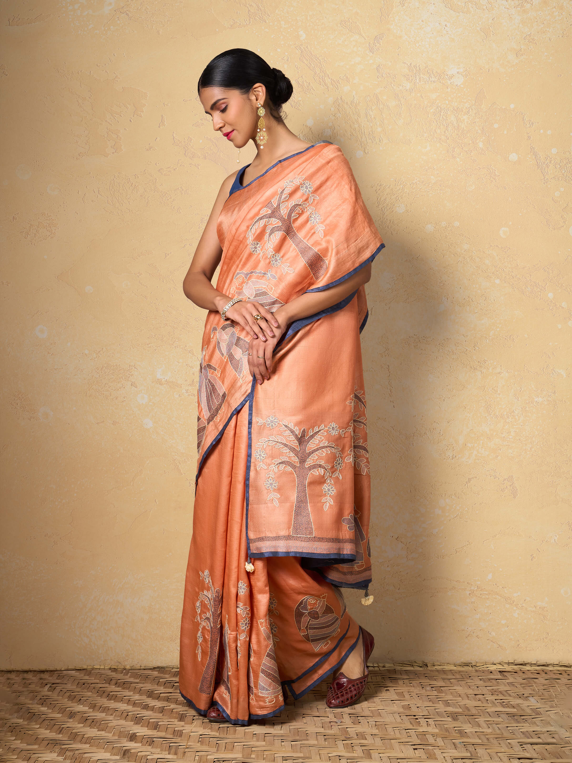 Orange Tussar Silk Sujani Embroidered Saree