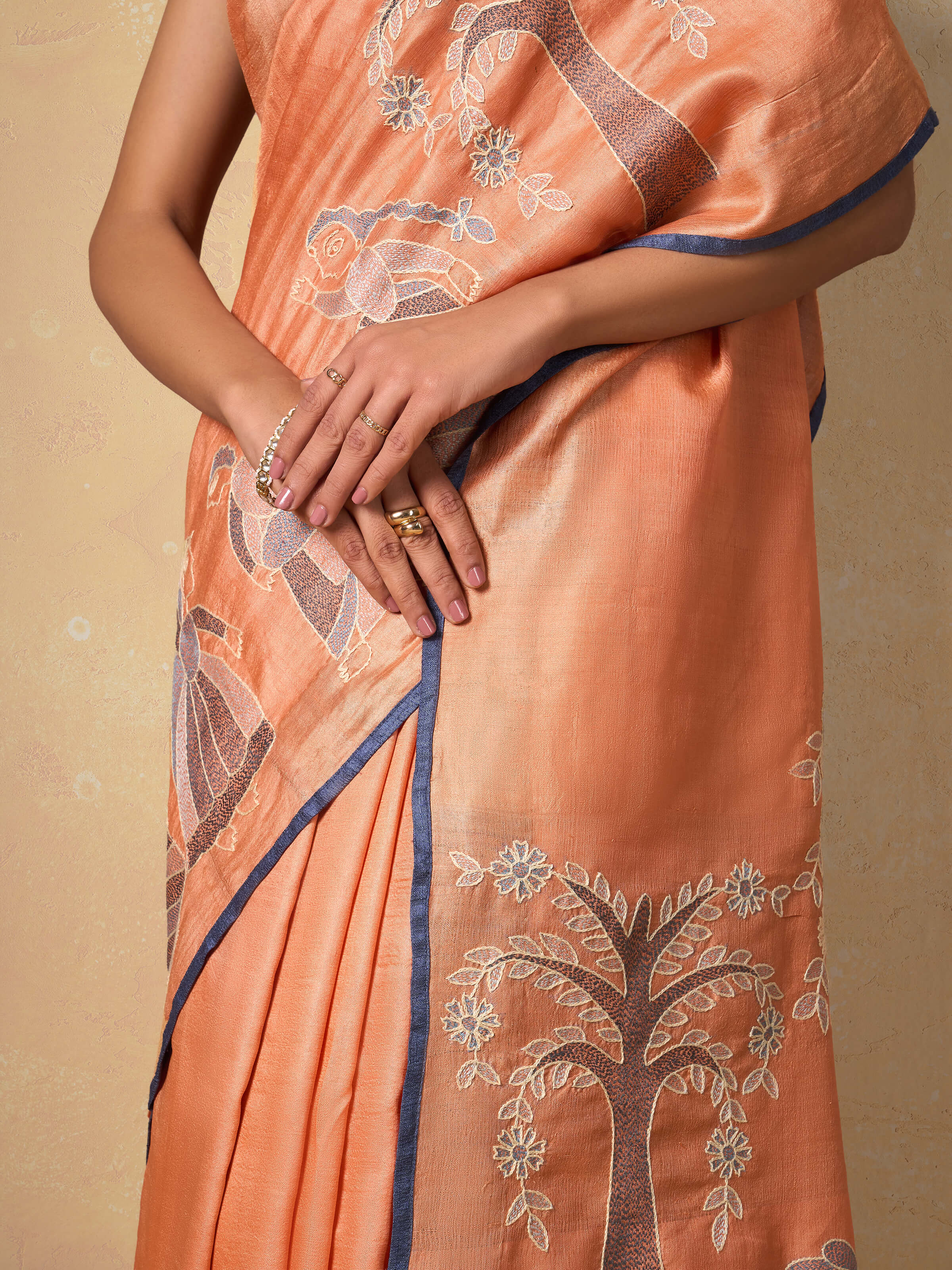 Orange Tussar Silk Sujani Embroidered Saree