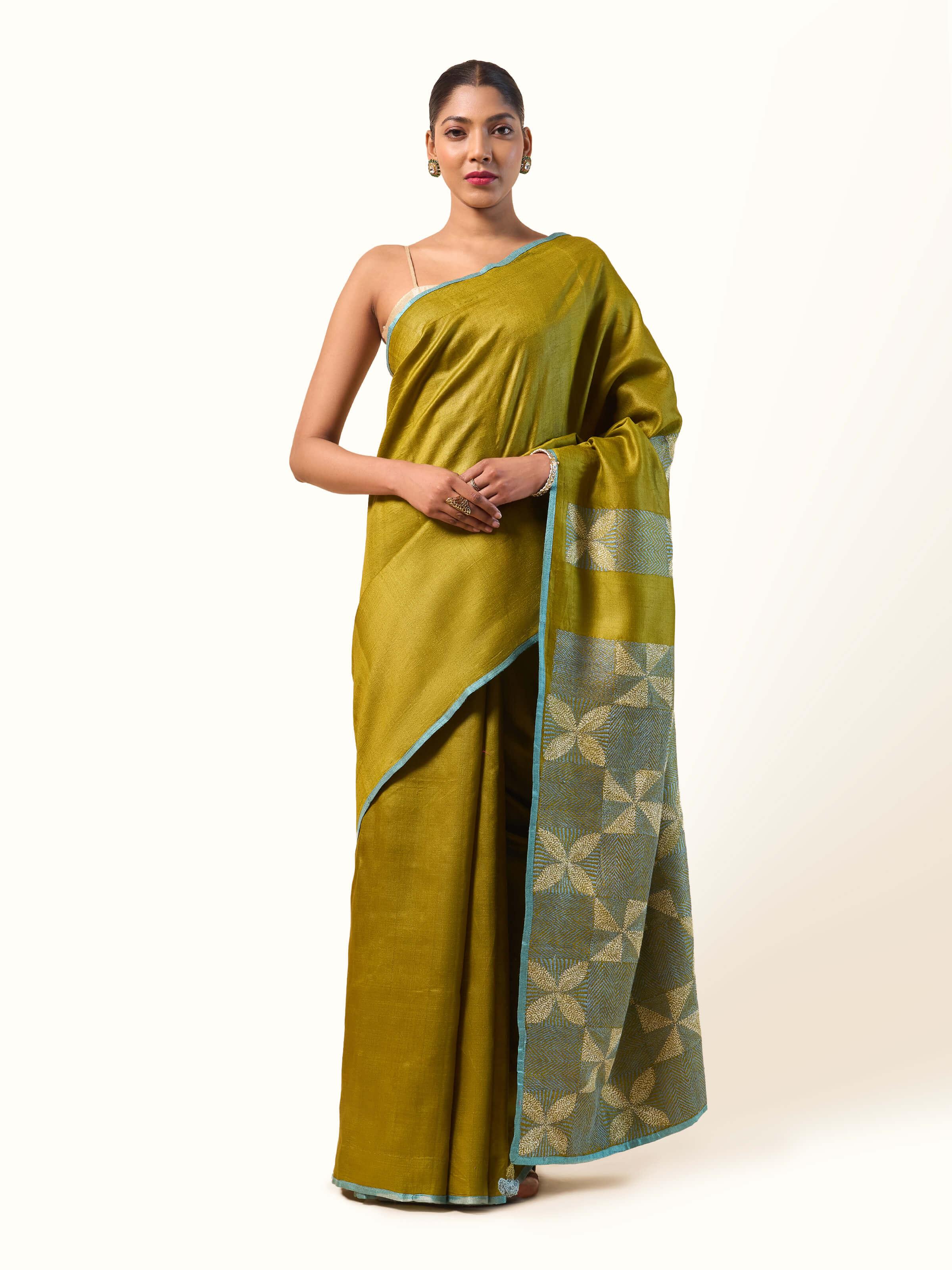 Olive Tussar Silk Sujani Embroidered Saree