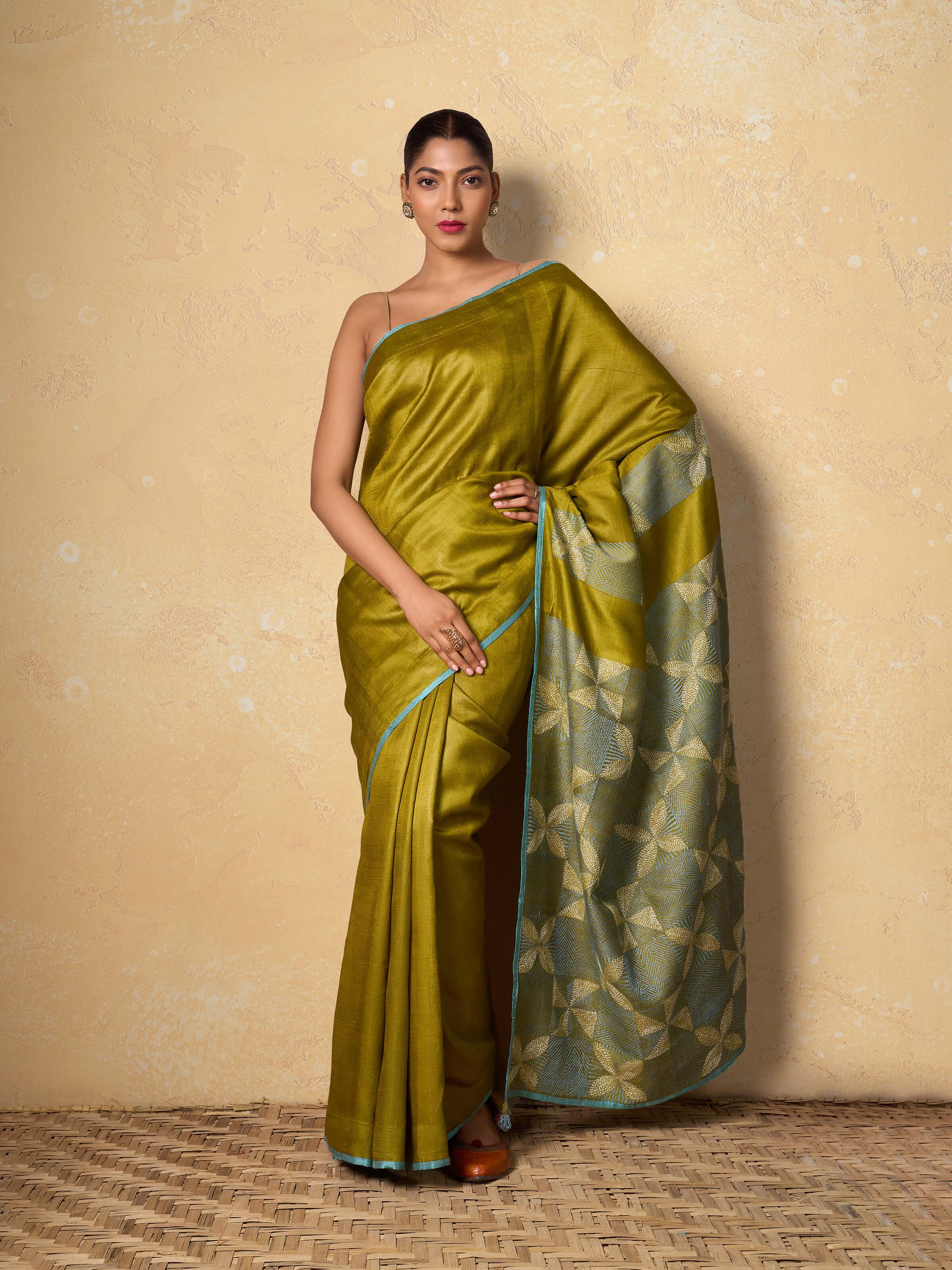 Olive Tussar Silk Sujani Embroidered Saree