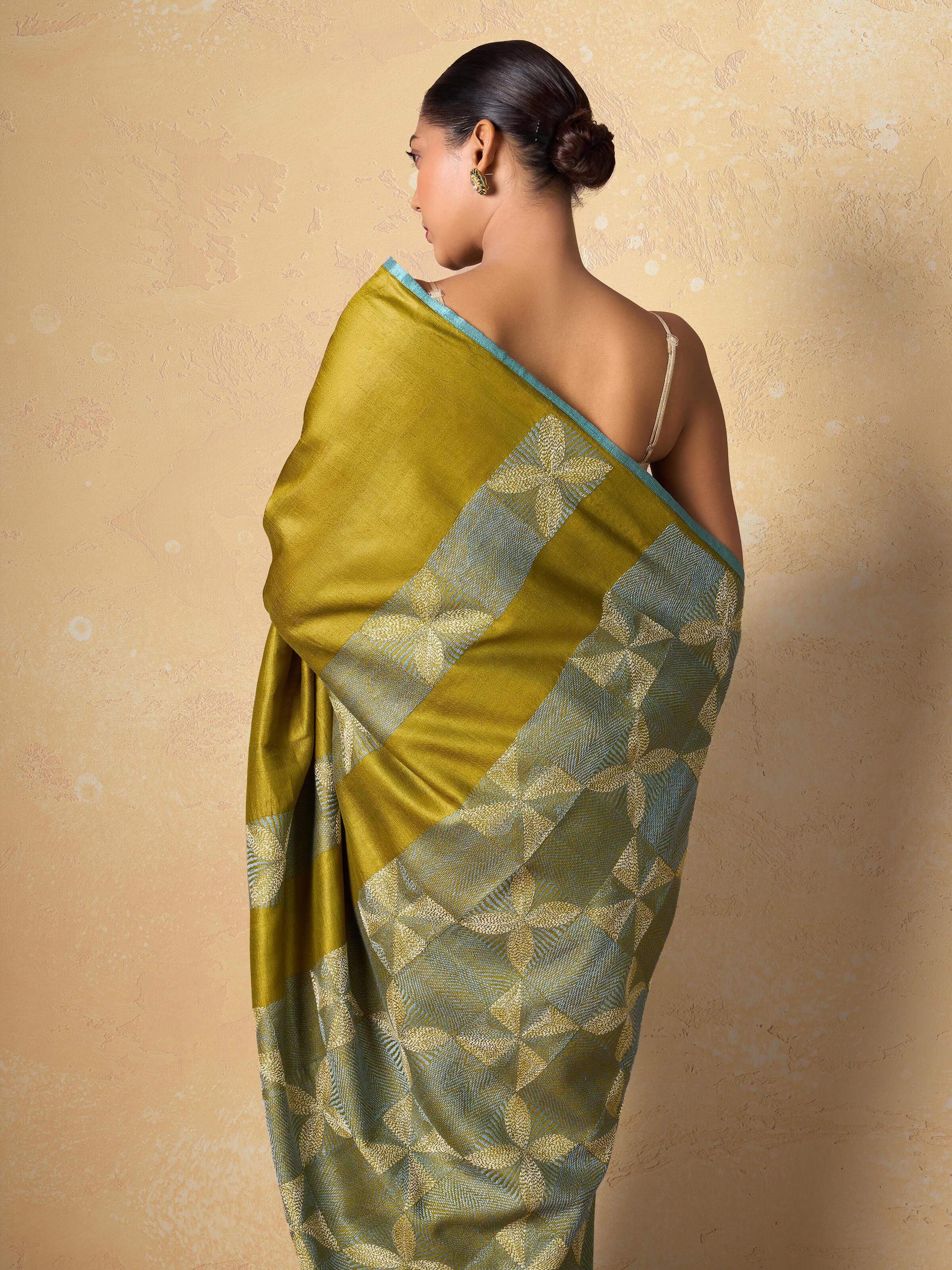 Olive Tussar Silk Sujani Embroidered Saree