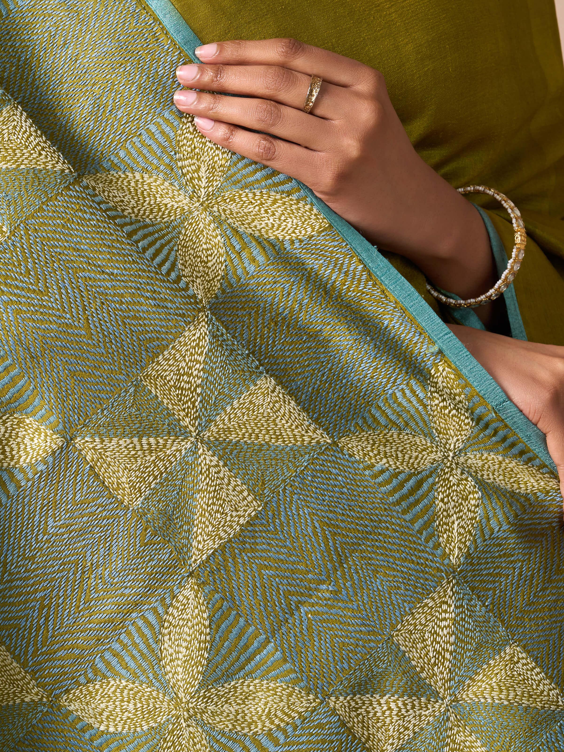 Olive Tussar Silk Sujani Embroidered Saree