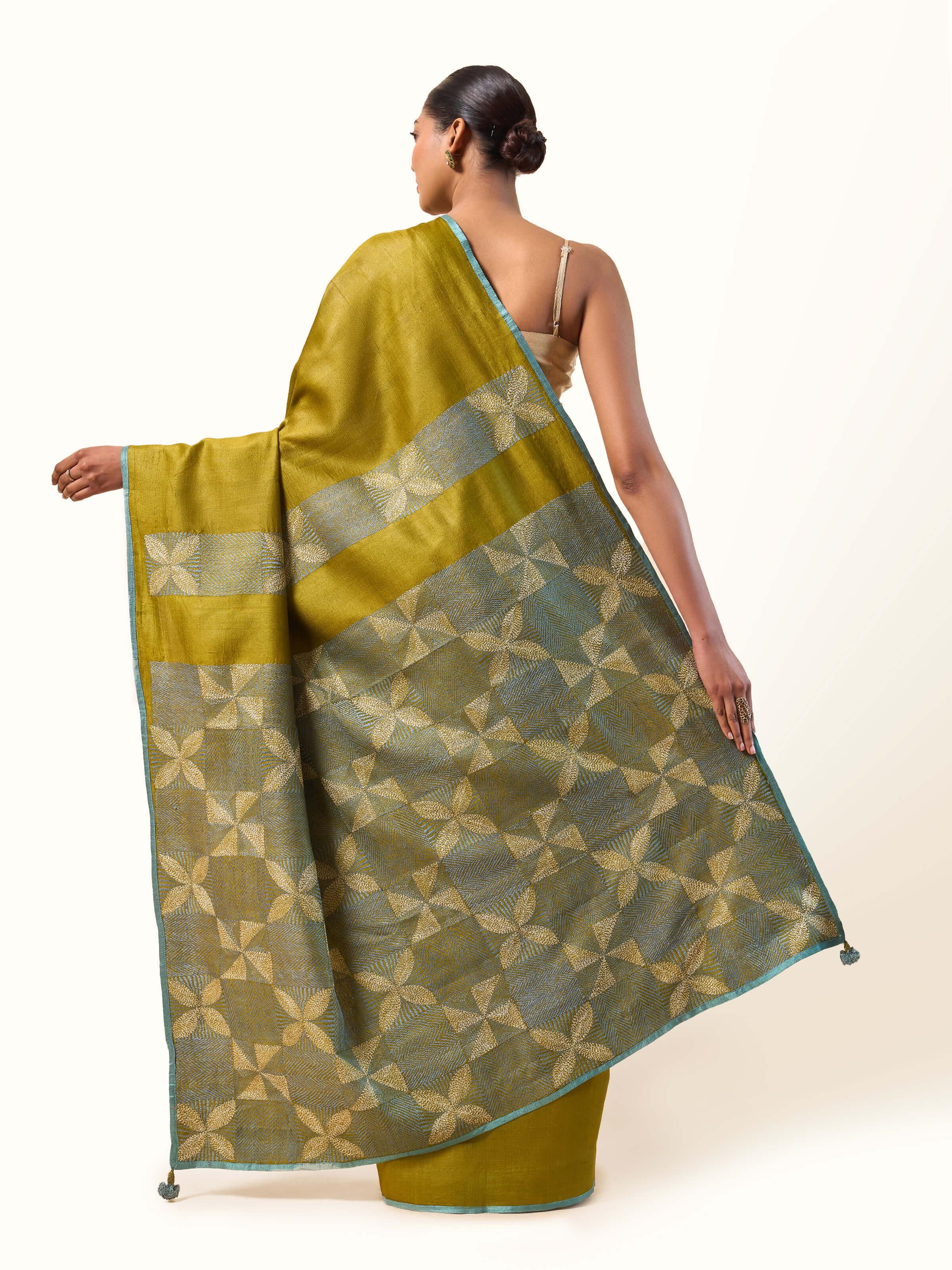 Olive Tussar Silk Sujani Embroidered Saree