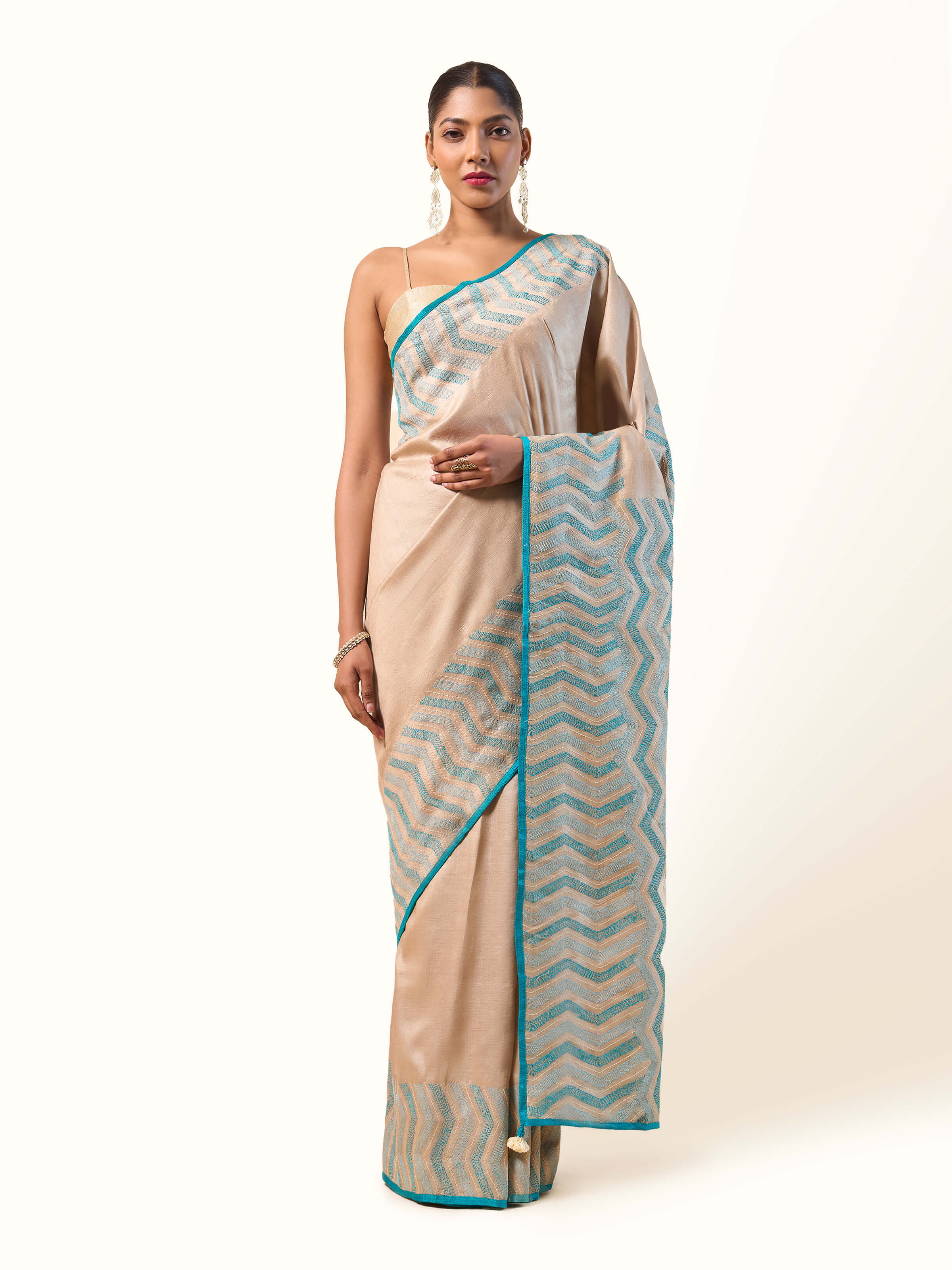 Front view of Tussar Silk Sujani Embroidered Saree with intricate embroidery