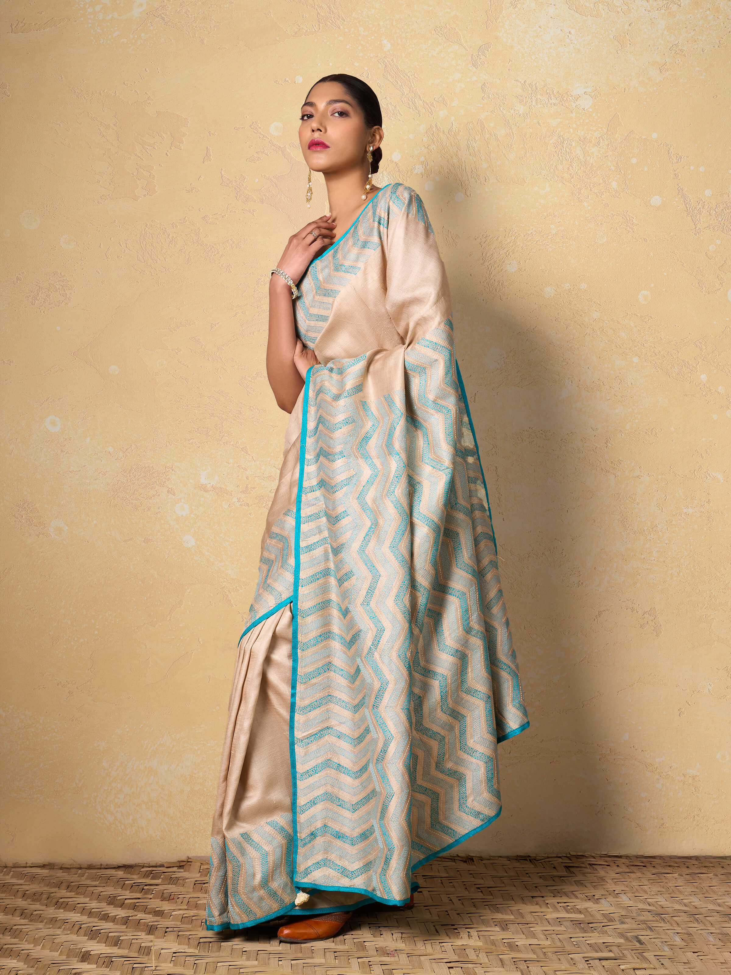 Close-up detail of Tussar Silk Sujani Embroidered Saree showcasing its embroidery and texture