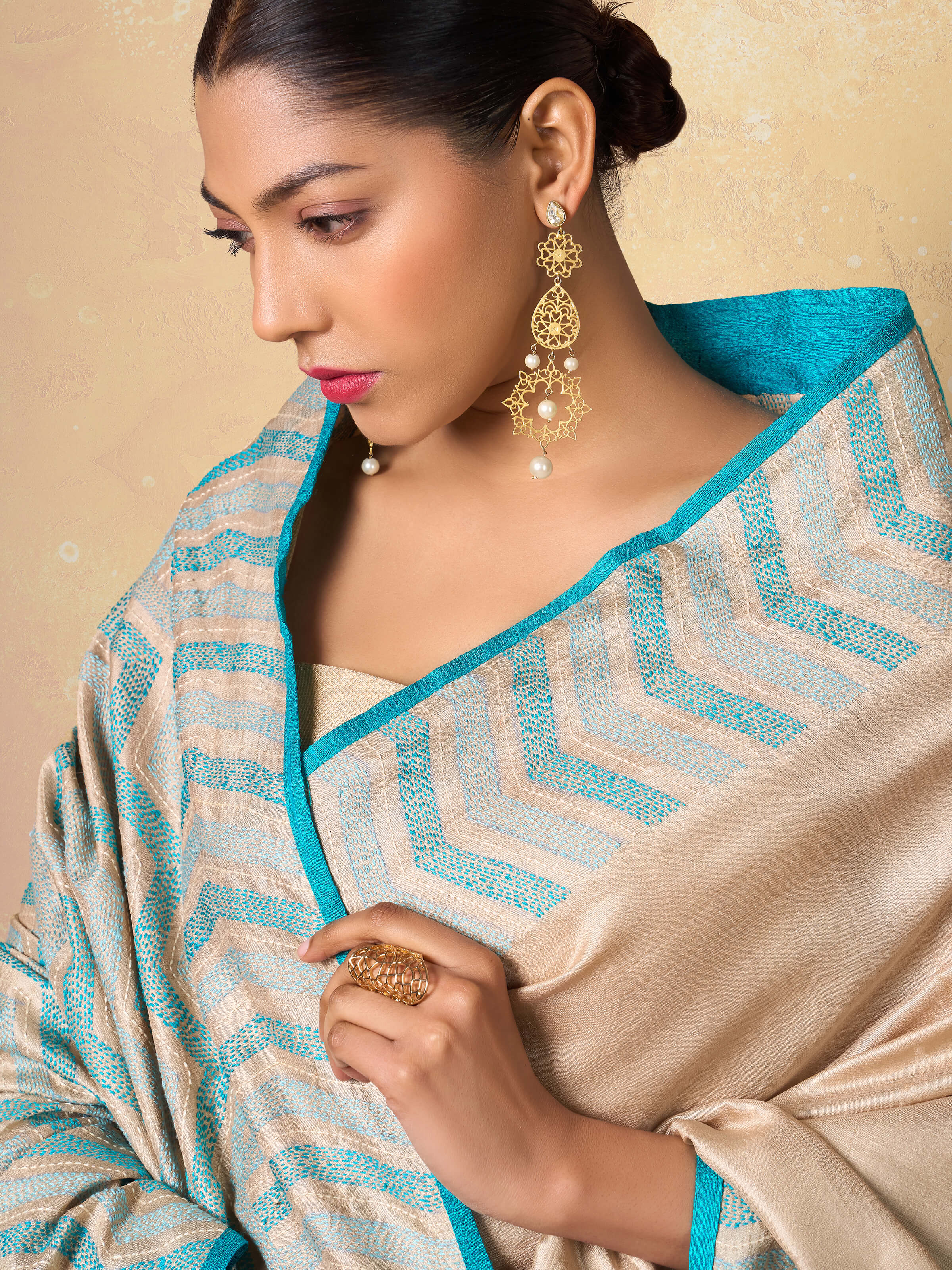 Detail shot of the intricate Sujani embroidery on Tussar Silk Saree