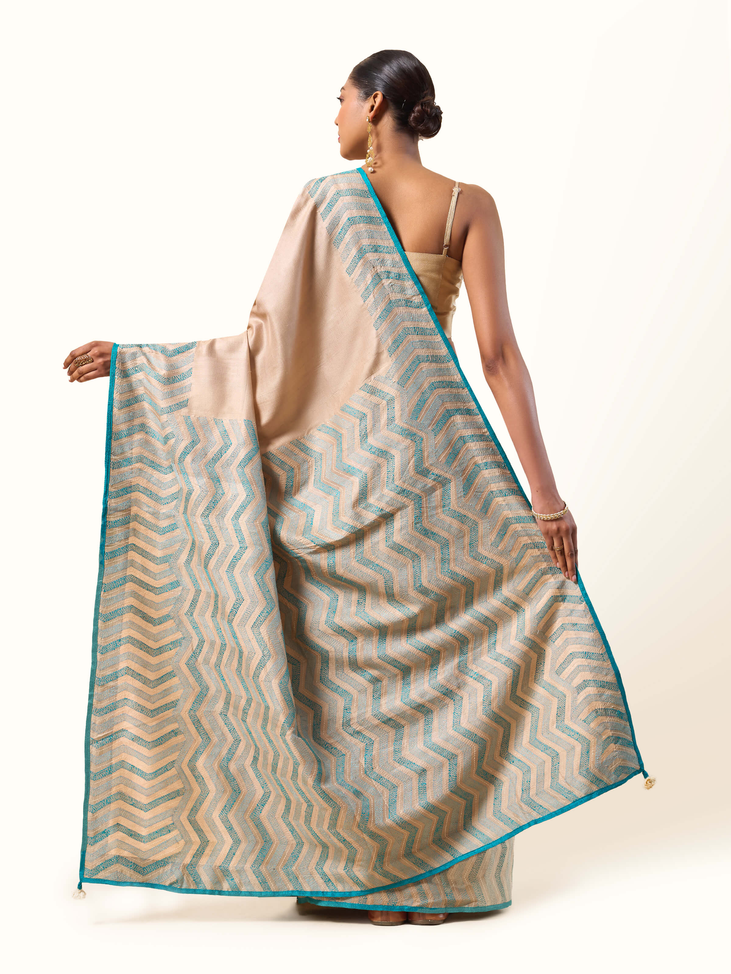 Back view of Tussar Silk Sujani Embroidered Saree showcasing its craftsmanship and texture
