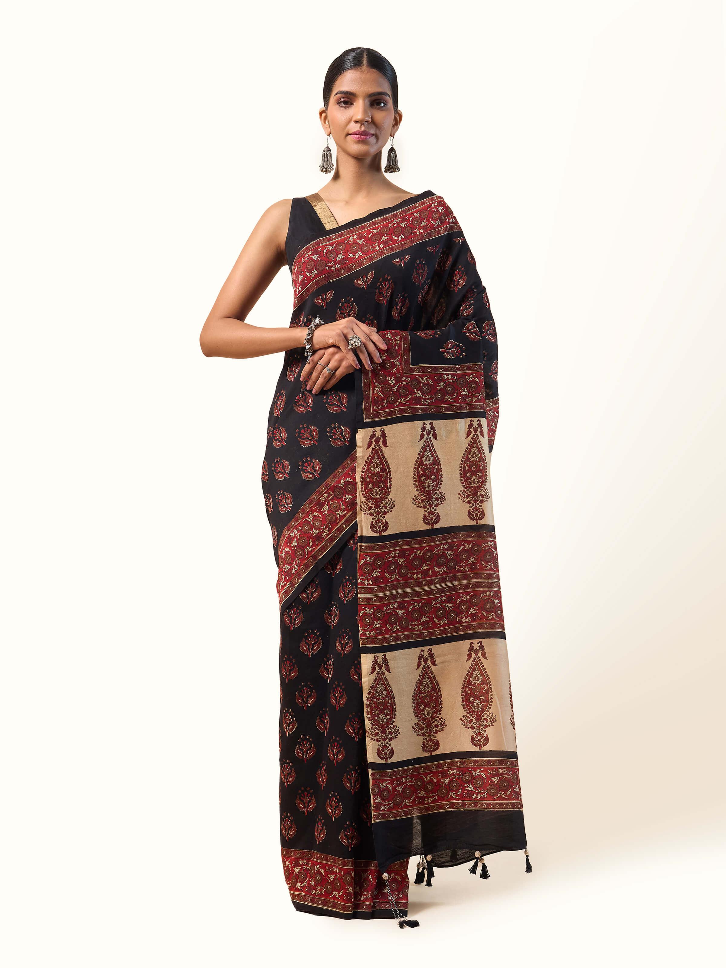 Front view of Cotton Natural Dyed Bagru Block Printed Saree with intricate block prints and natural dye colors