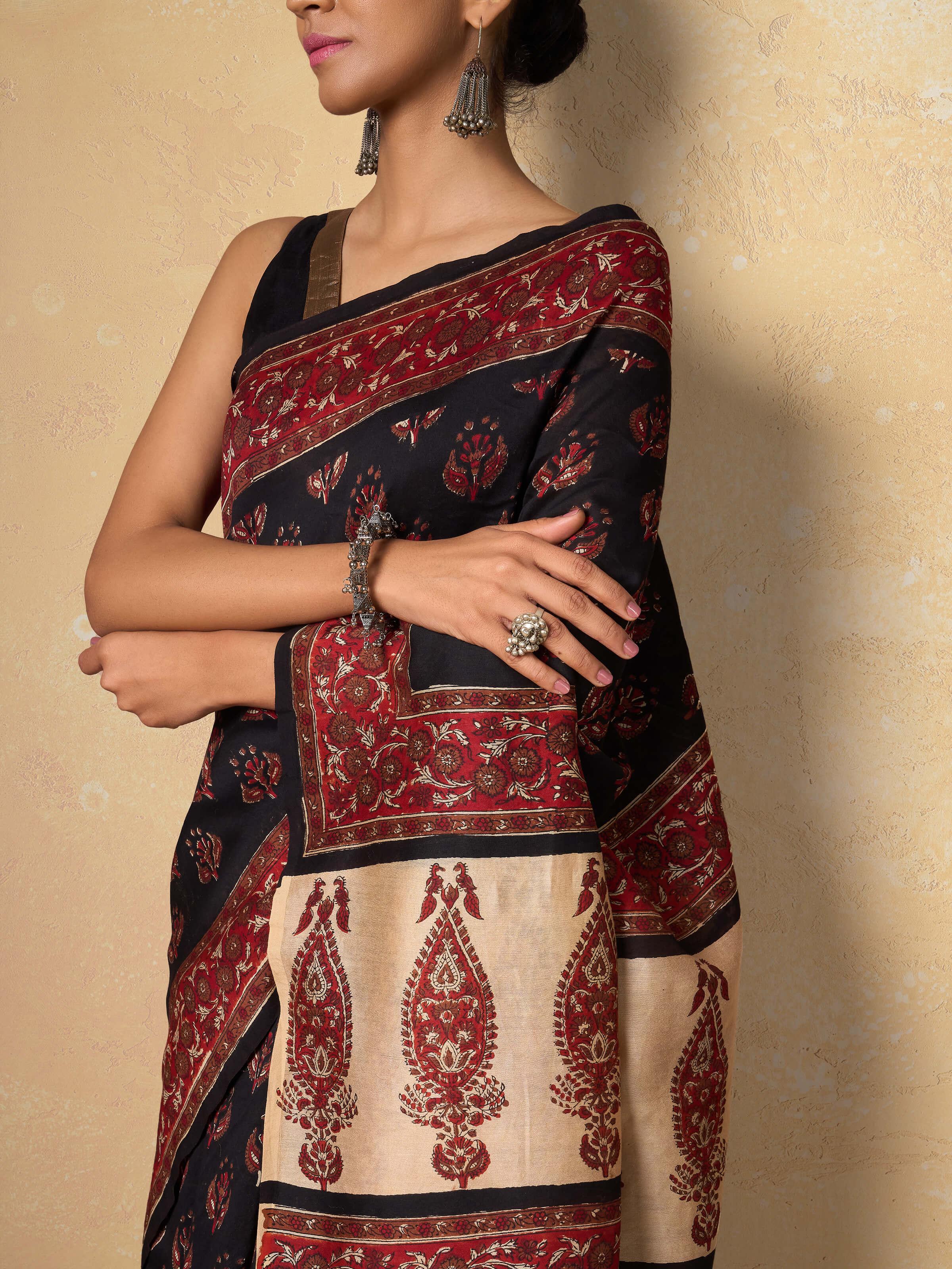 Back view of Cotton Natural Dyed Bagru Block Printed Saree demonstrating its detailed patterns and natural dye hues