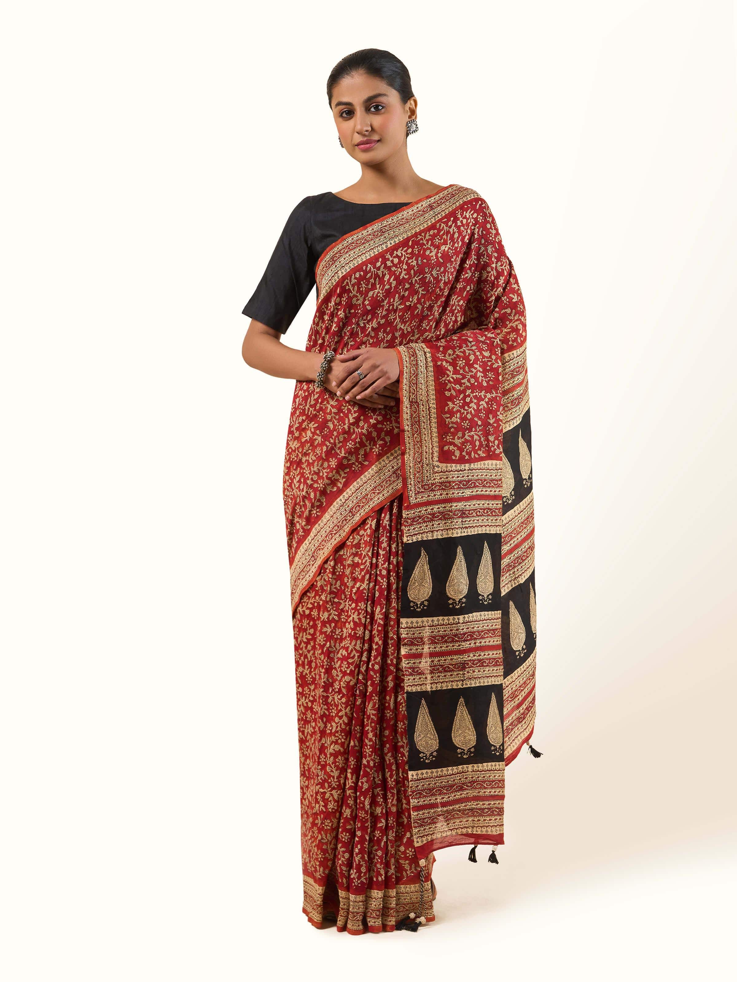 Front view of Cotton Silk Natural Dyed Bagru Block Printed Saree with intricate block prints and natural dyes