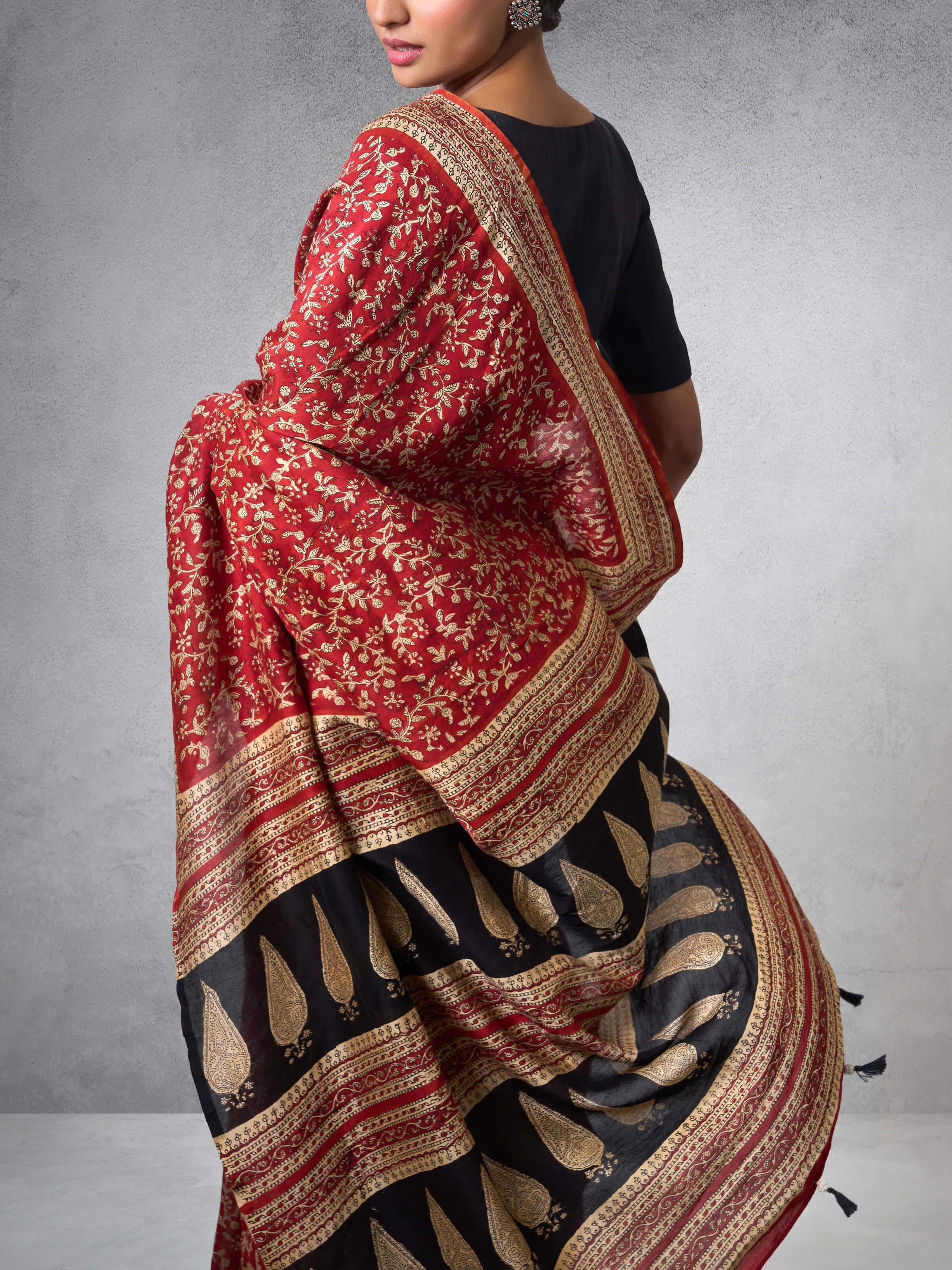 Close-up of Cotton Silk Natural Dyed Bagru Block Printed Saree highlighting intricate block prints and natural dye colors