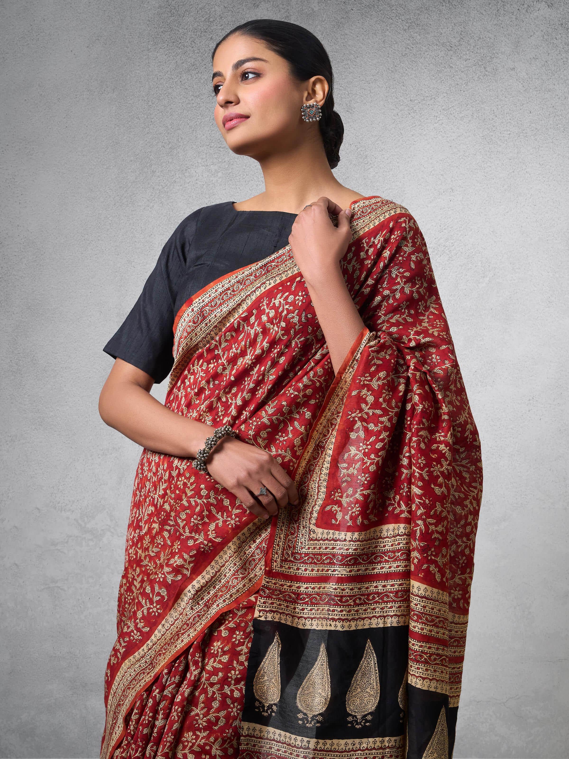 Back view of Cotton Silk Natural Dyed Bagru Block Printed Saree with traditional block print patterns