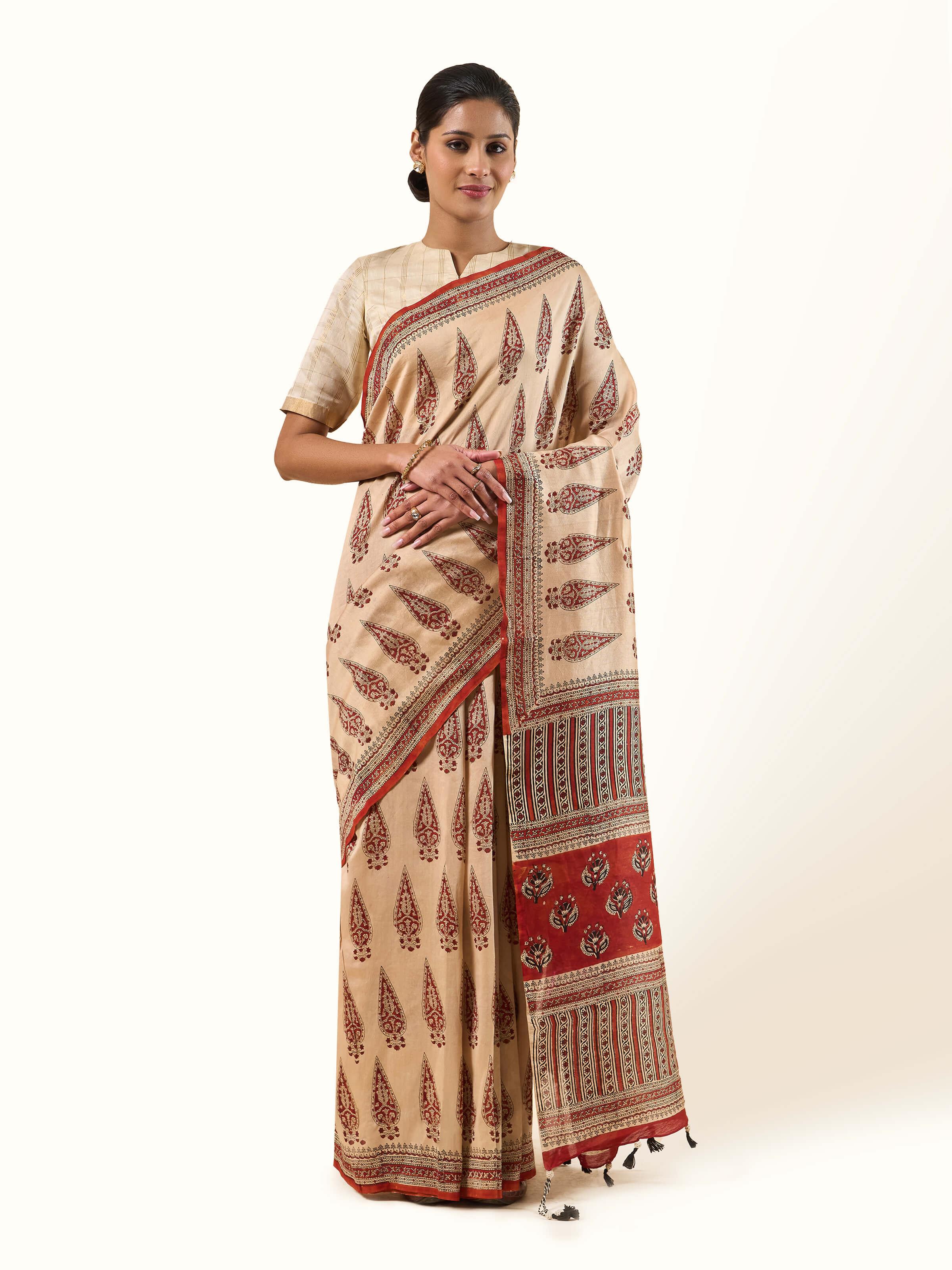 Front view of Cotton Natural Dyed Bagru Block Printed Saree with intricate Bagru block print
