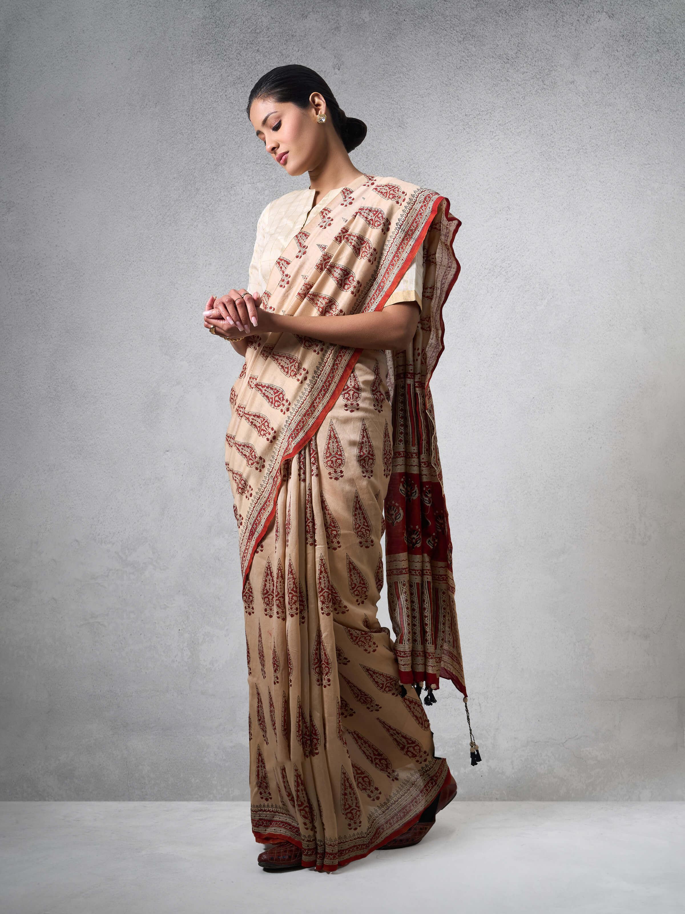 Close-up of the Bagru block prints on Cotton Natural Dyed Bagru Block Printed Saree