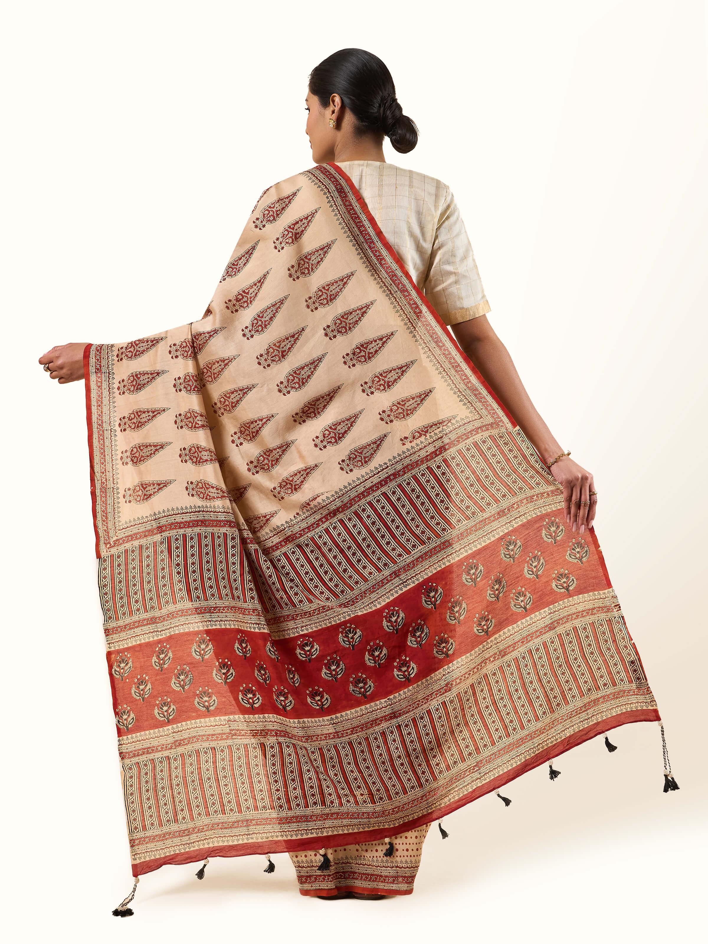 Back view of Cotton Natural Dyed Bagru Block Printed Saree highlighting the overall design and pattern