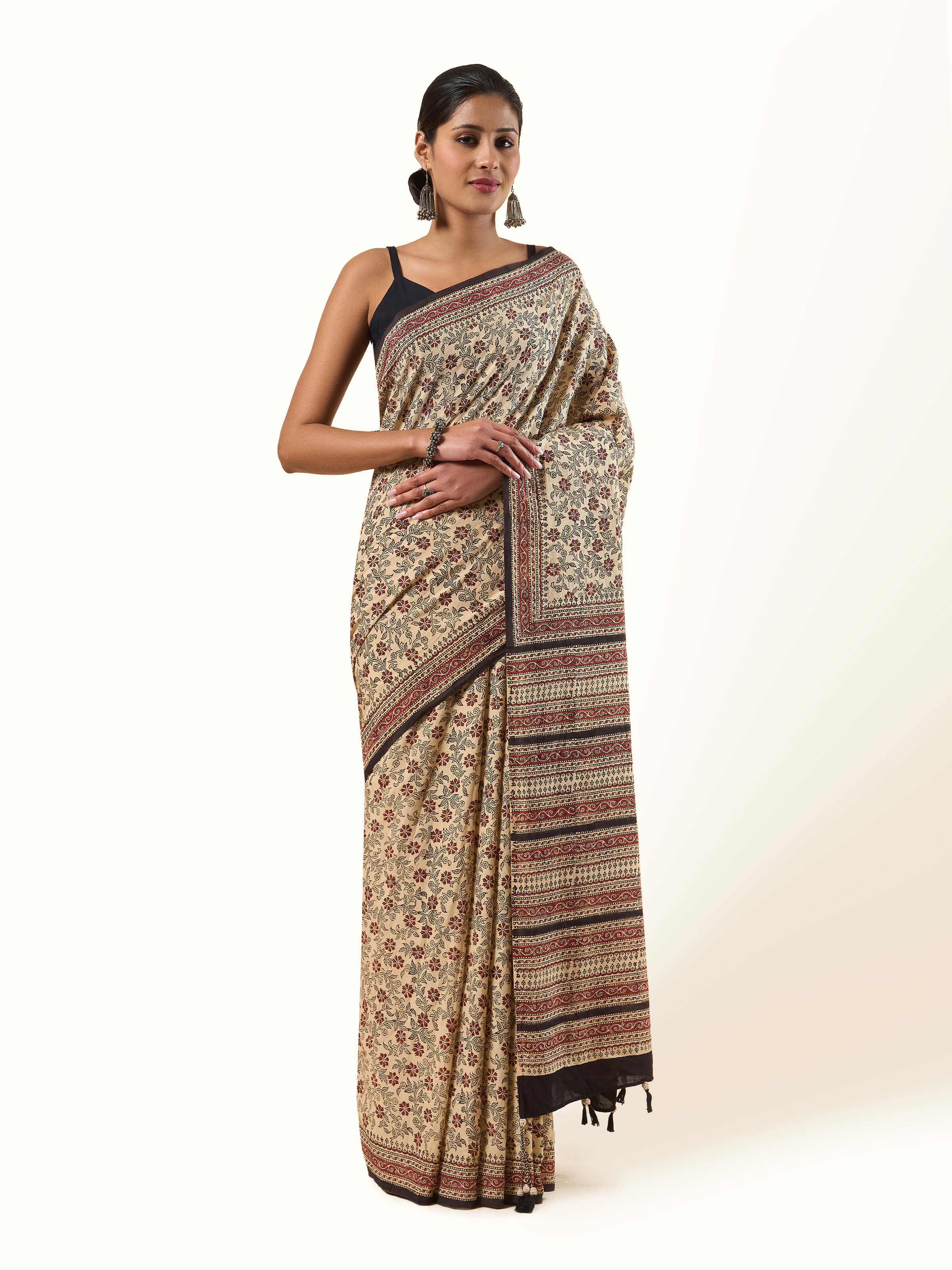 Front view of Cotton Natural Dyed Bagru Block Printed Saree in earthy tones with intricate block prints