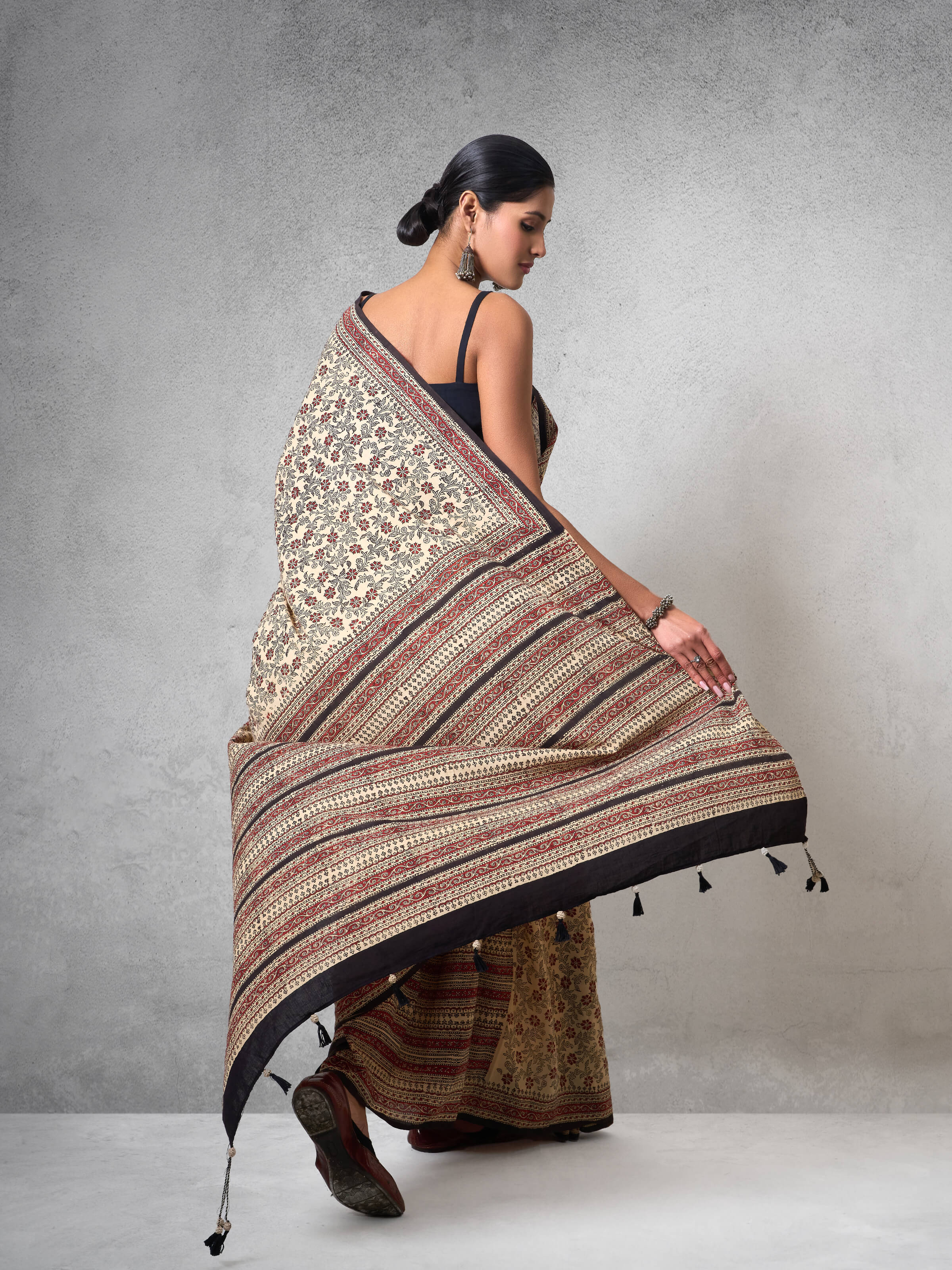 Back view of Cotton Natural Dyed Bagru Block Printed Saree highlighting the natural dye colors and block prints