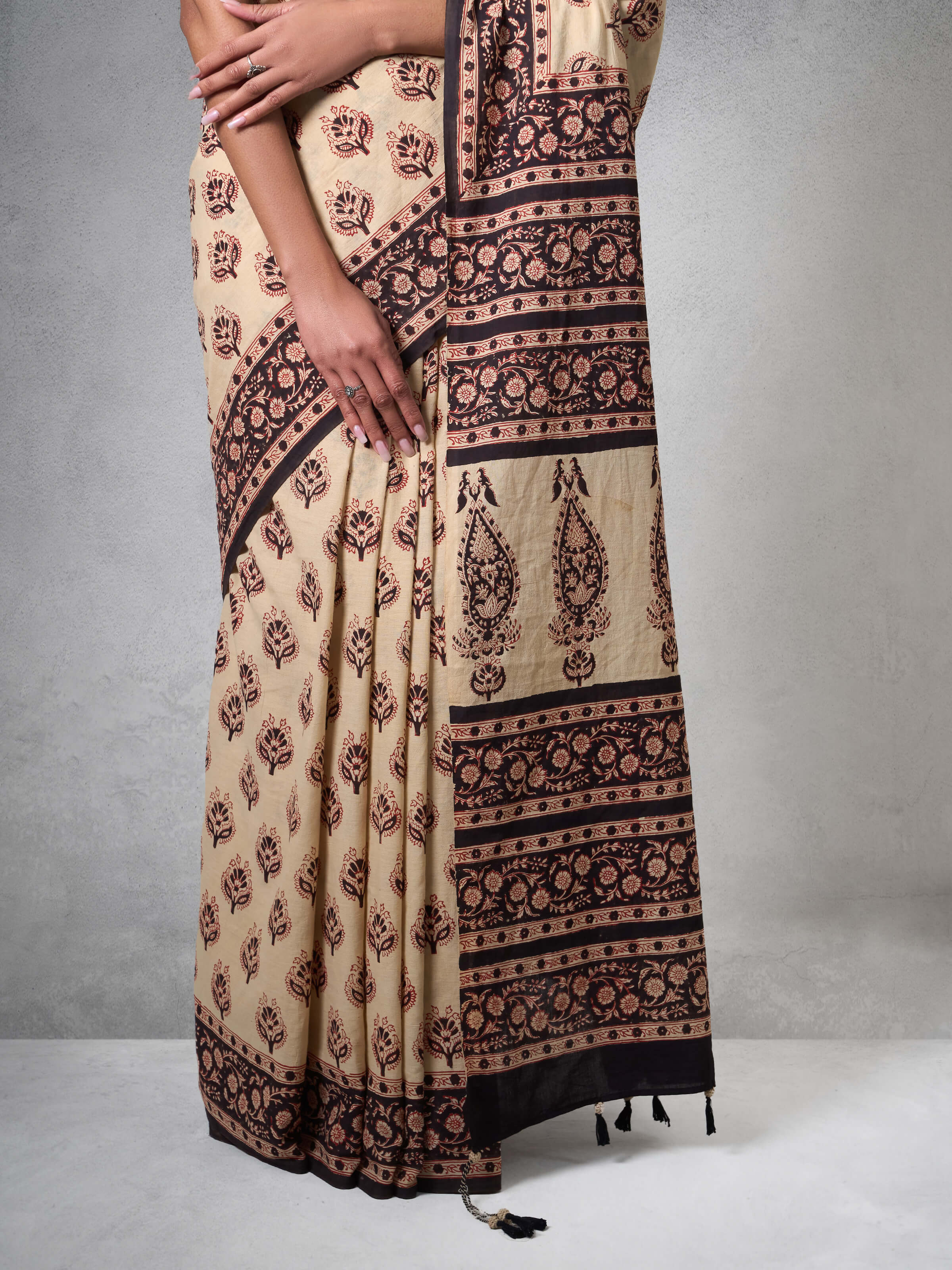 Detail shot of Cotton Natural Dyed Bagru Block Printed Saree with intricate dyeing and prints