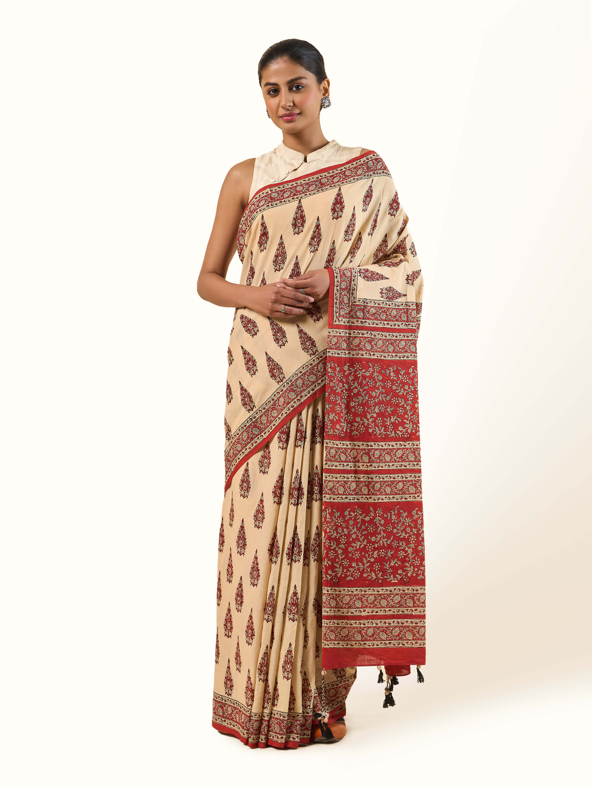 Front view of Cotton Natural Dyed Bagru Block Printed Saree showcasing intricate Bagru block print