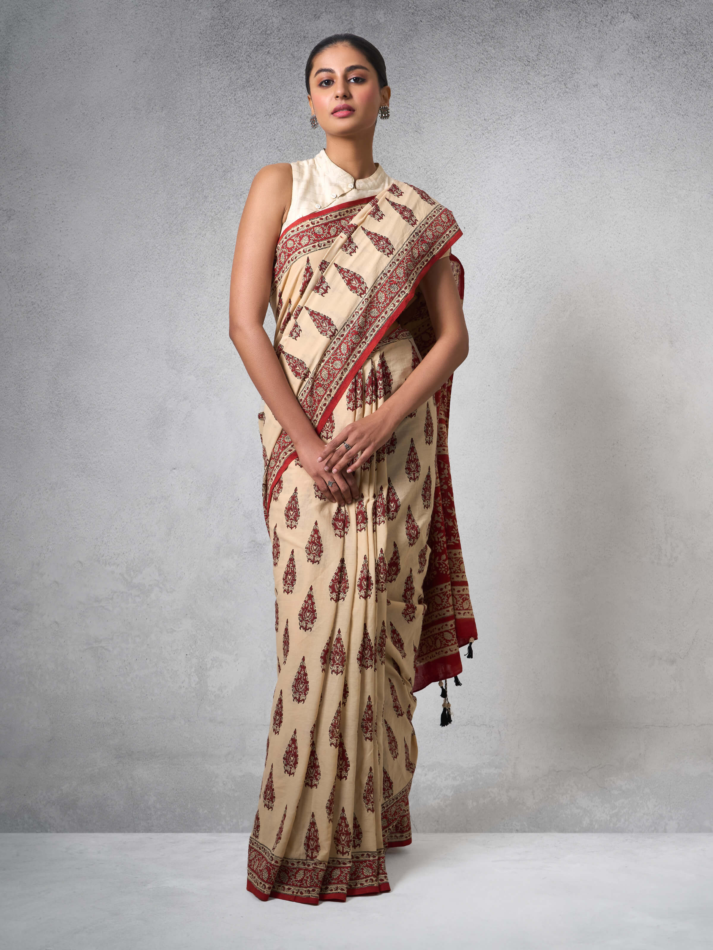 Side view of Cotton Natural Dyed Bagru Block Printed Saree highlighting detailed block print work