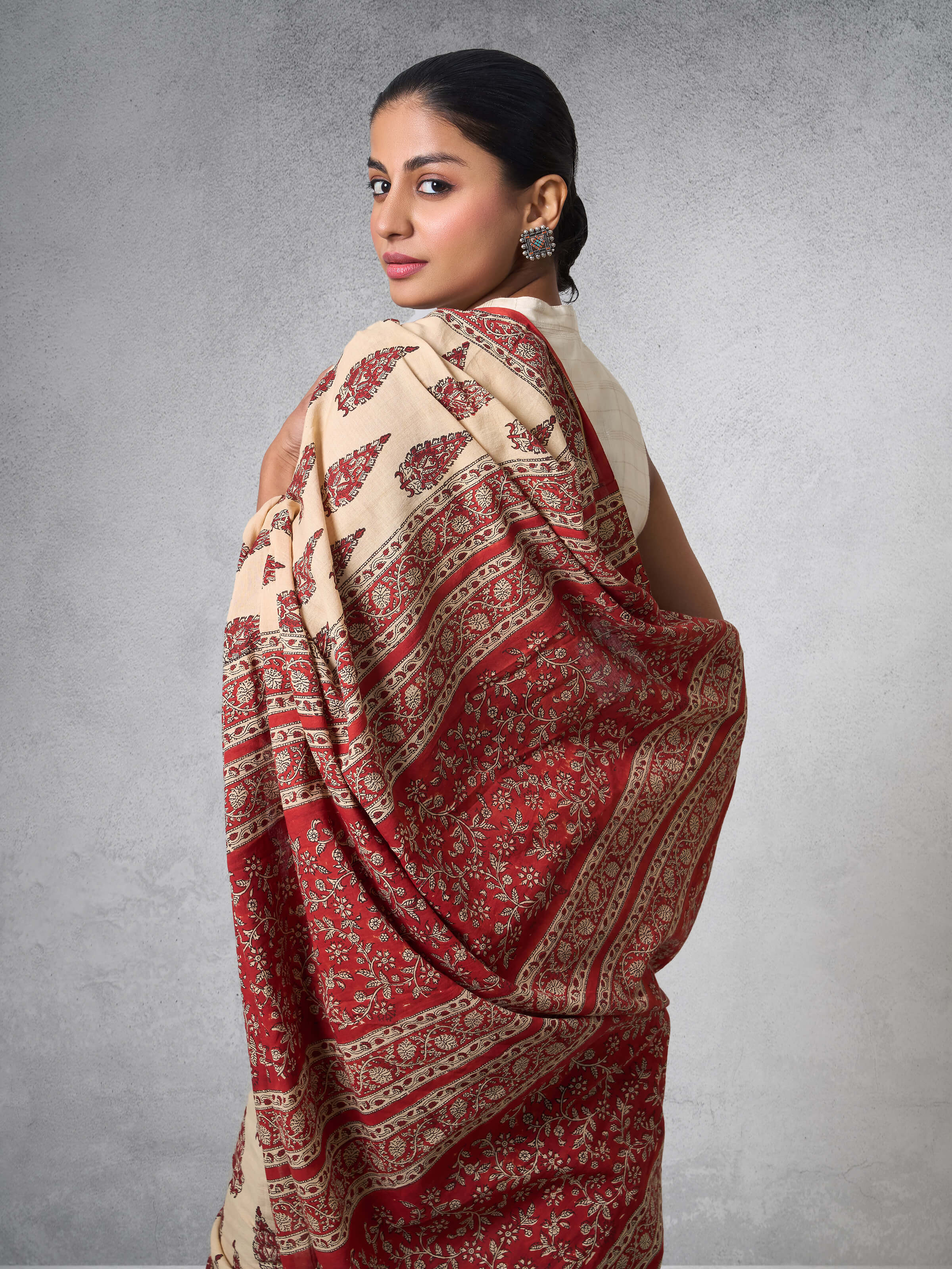 Close-up of Bagru block print on Cotton Natural Dyed Bagru Block Printed Saree