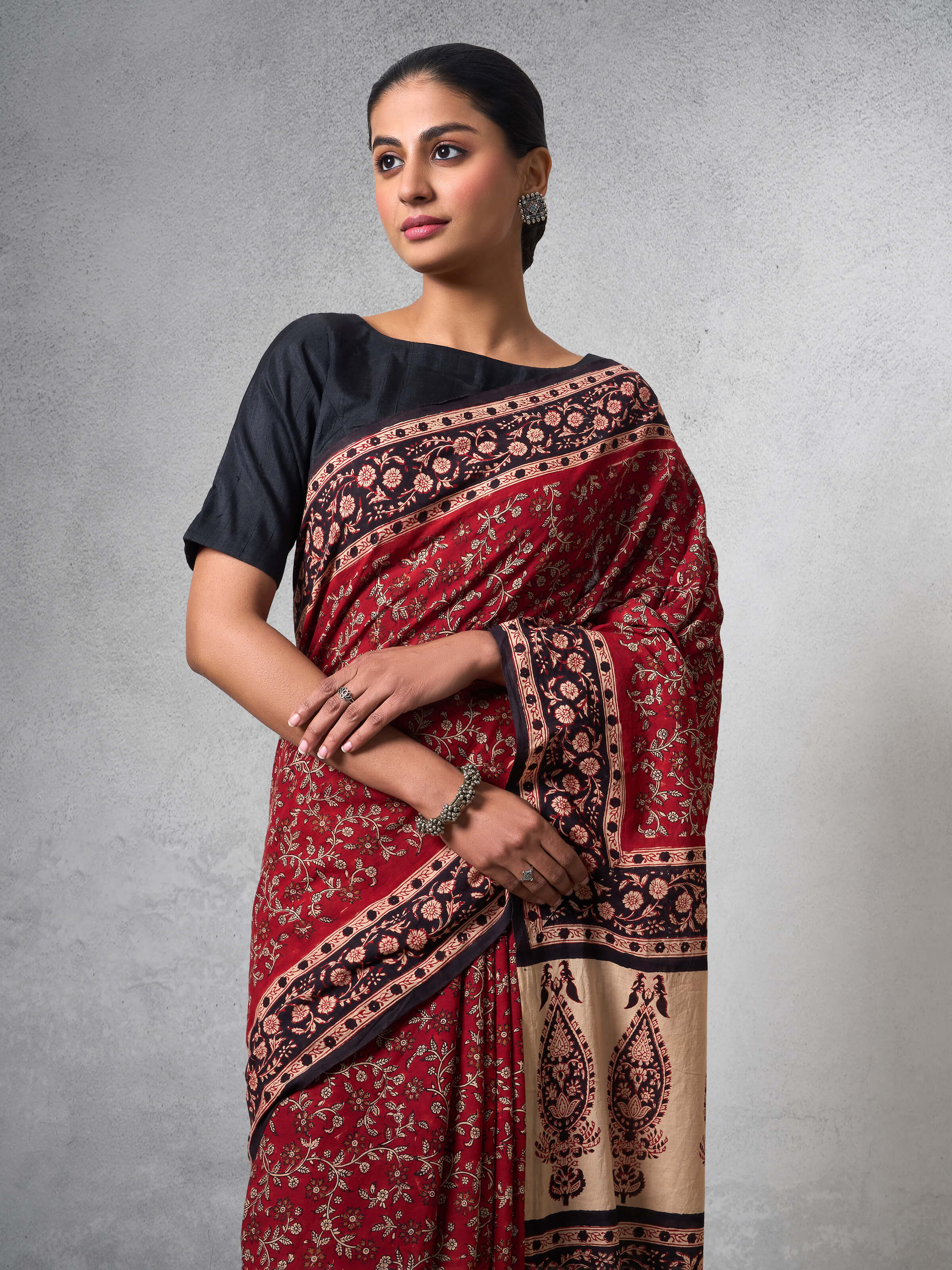 Back view of Cotton Natural Dyed Bagru Block Printed Saree with traditional Bagru prints