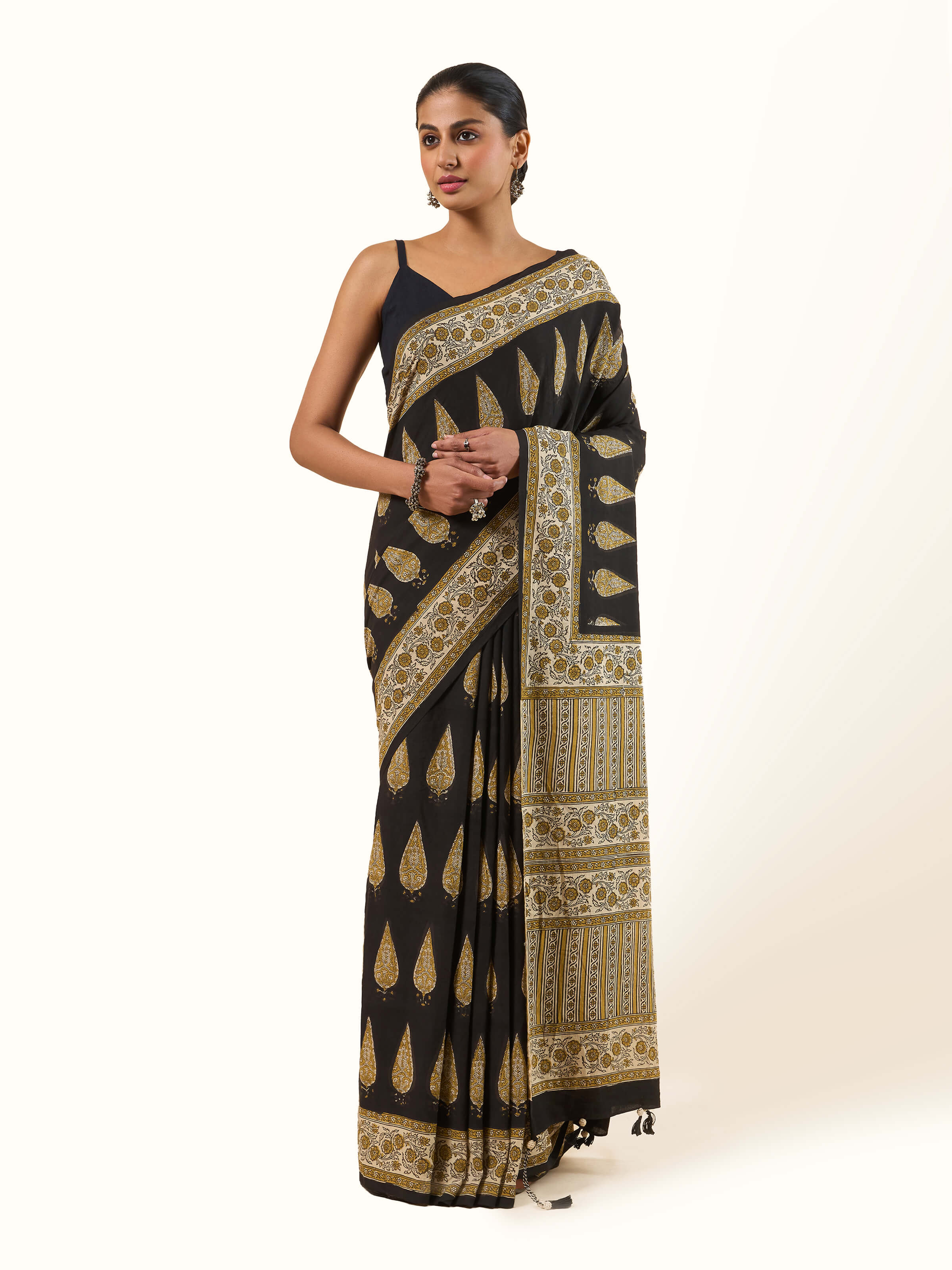 Front view of Cotton Natural Dyed Bagru Block Printed Saree with natural dyes and block prints