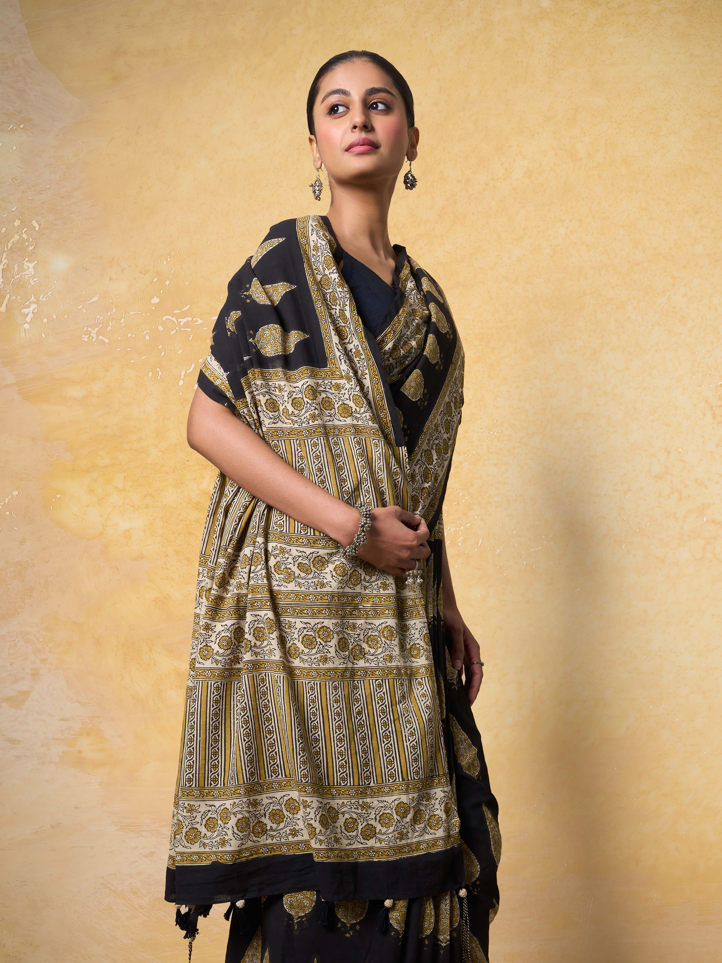 Detailed shot of Cotton Natural Dyed Bagru Block Printed Saree showing intricate block patterns