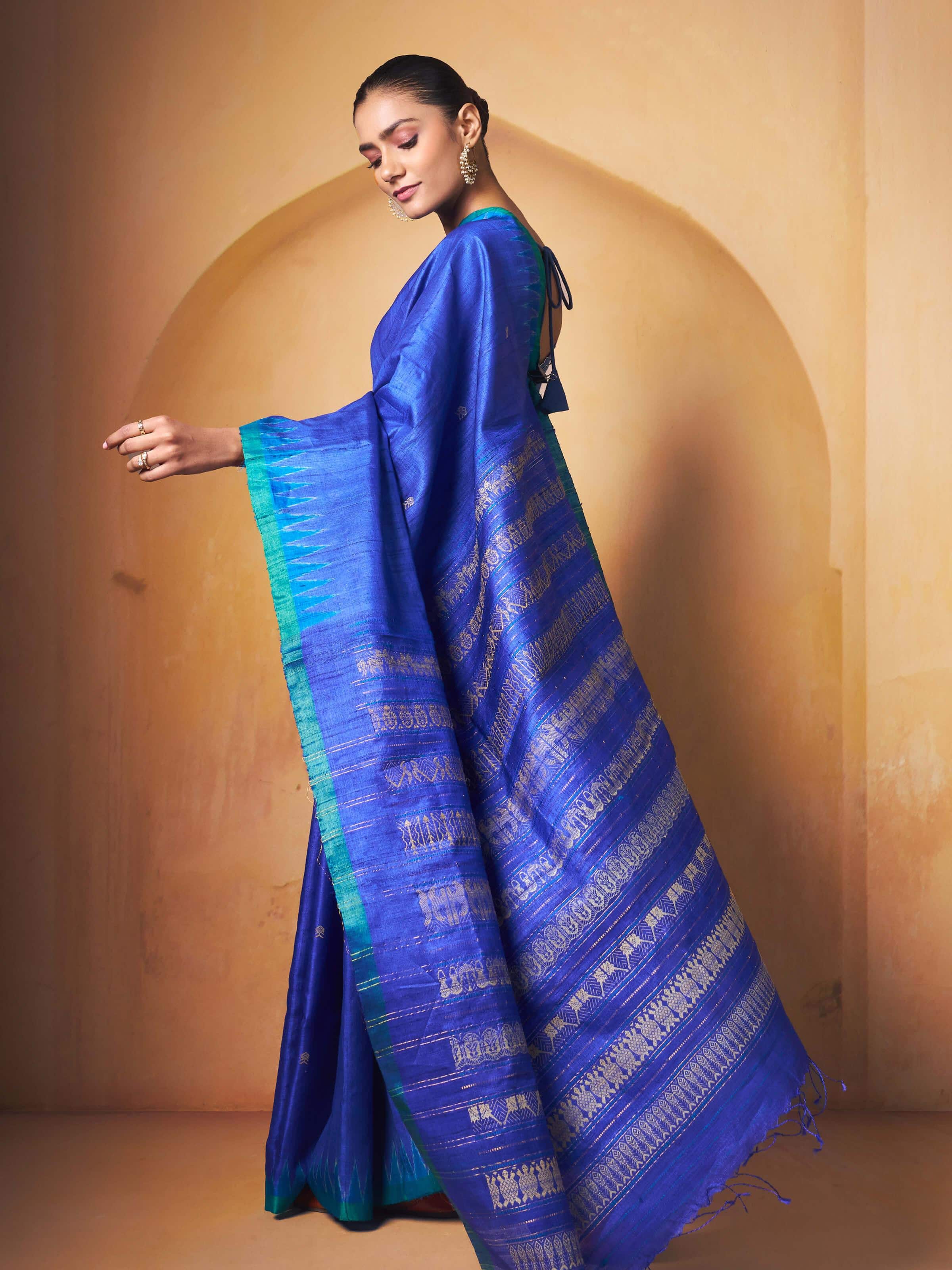Side view of Tussar Silk Saree showcasing detailed craftsmanship and fabric texture