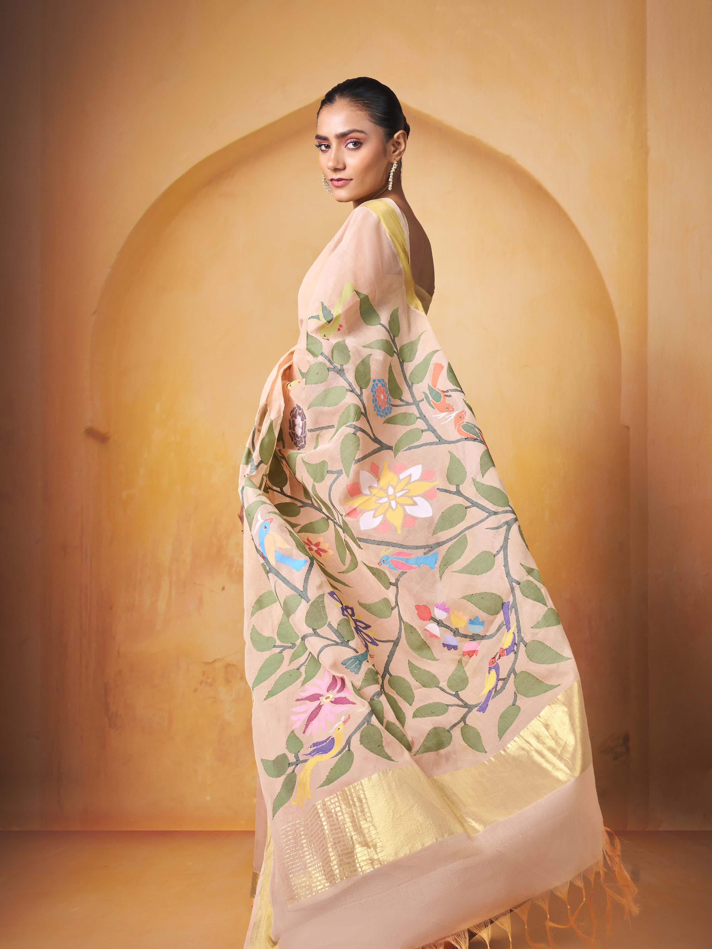 Side view of Cotton Venkatagiri Saree showcasing its intricate patterns