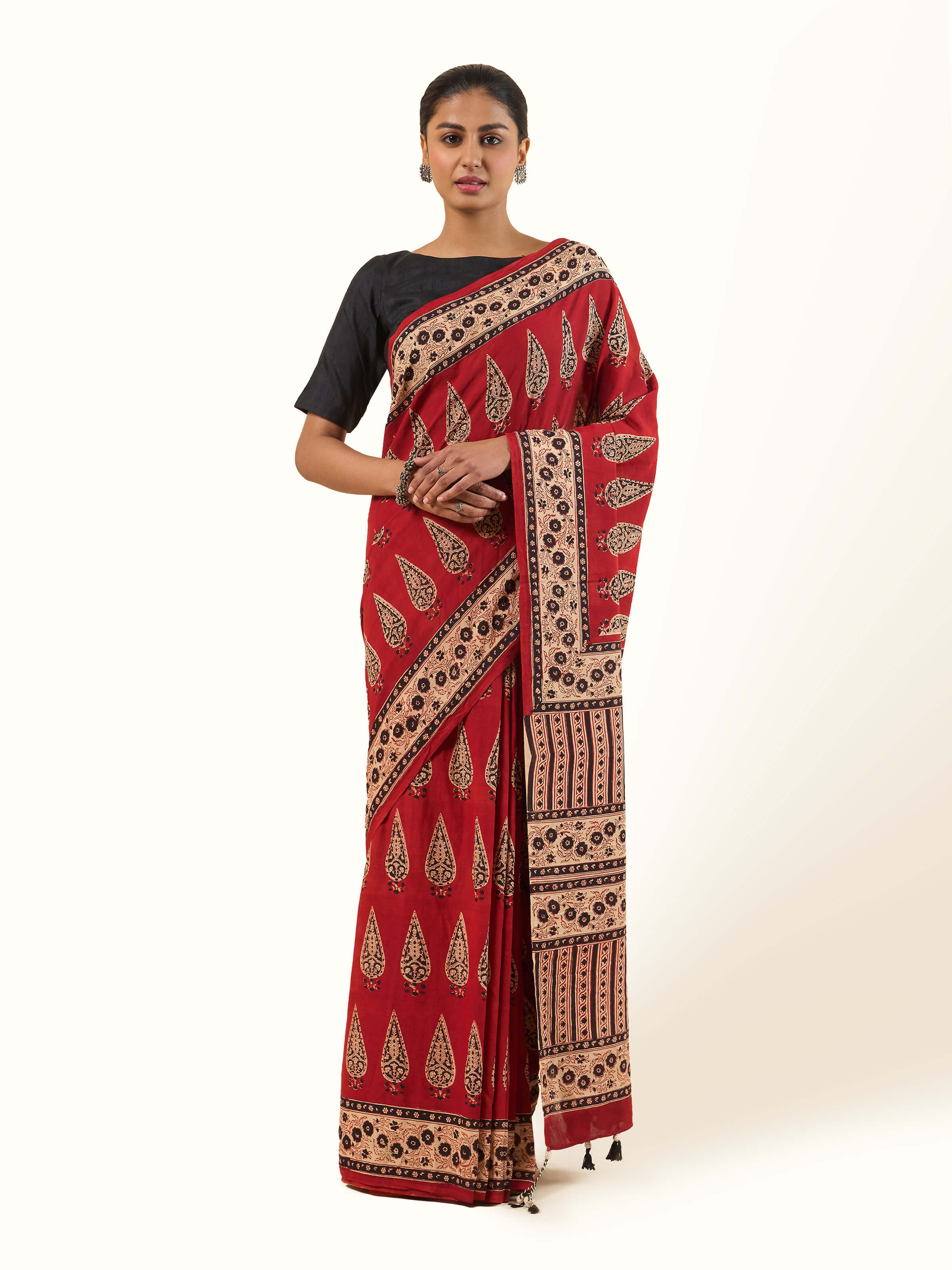 Red Dyed Cotton Bagru Block Printed Saree