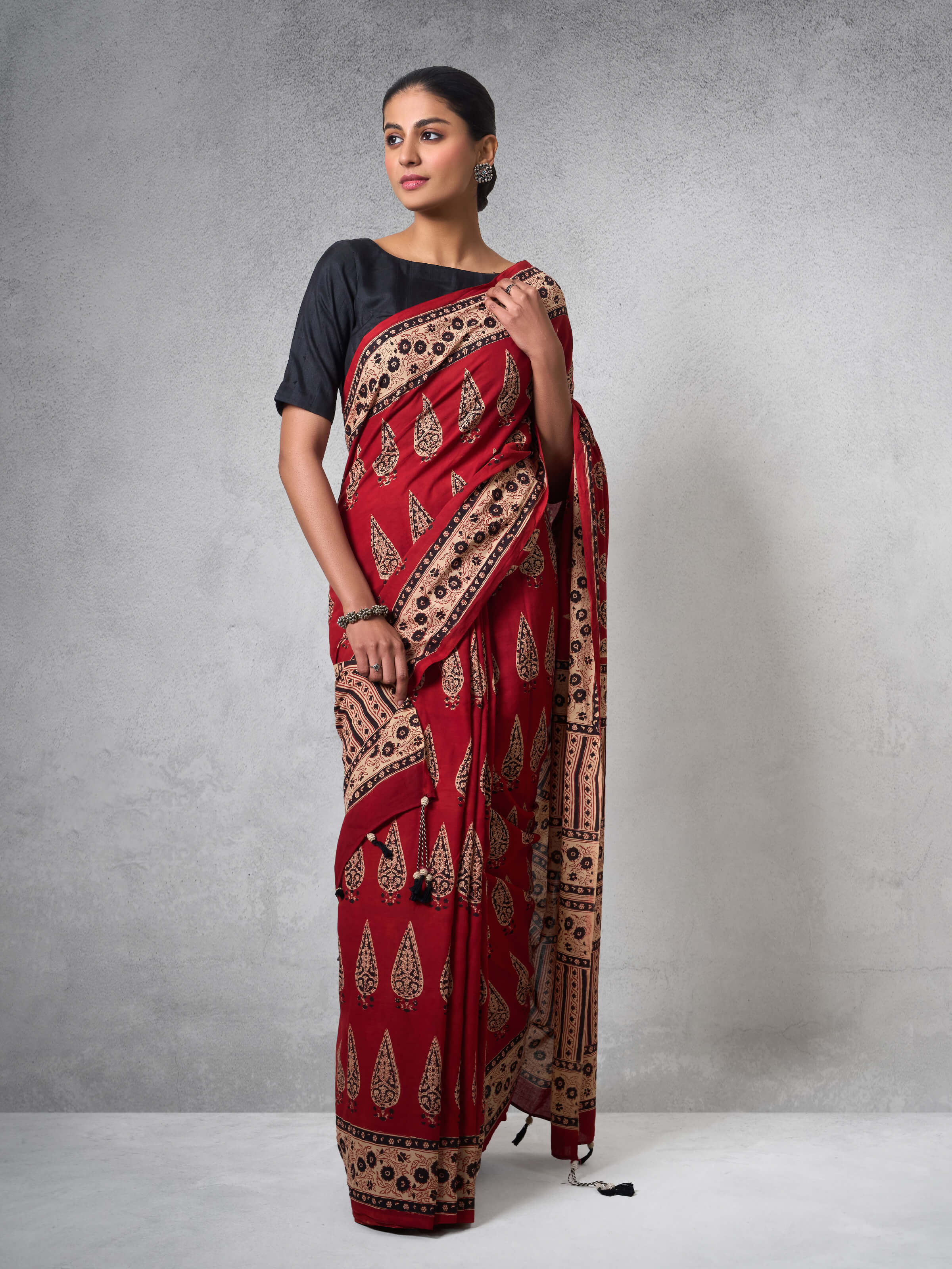 Red Dyed Cotton Bagru Block Printed Saree