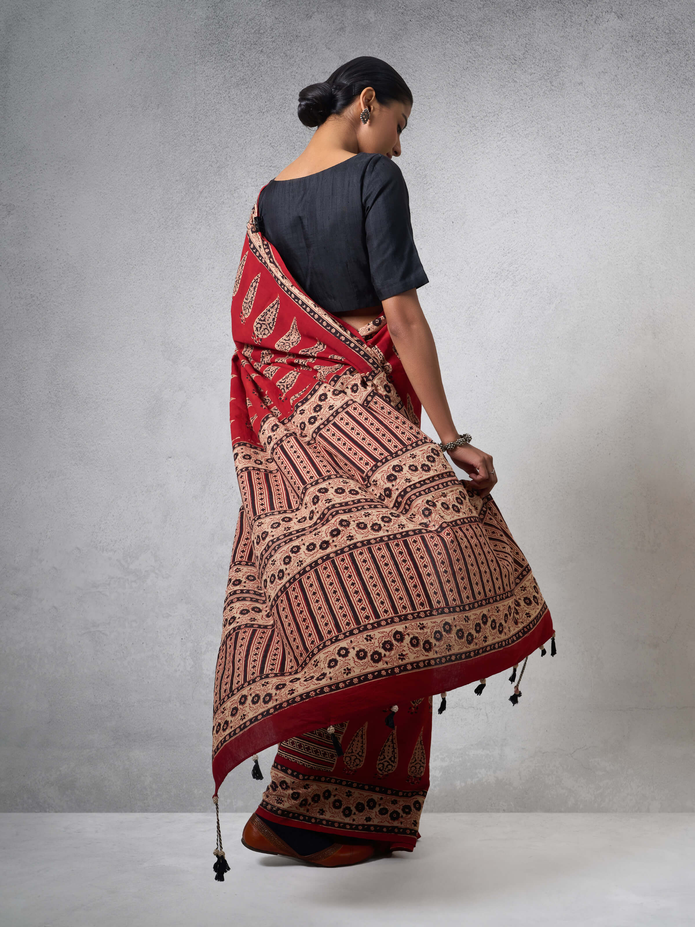 Red Dyed Cotton Bagru Block Printed Saree