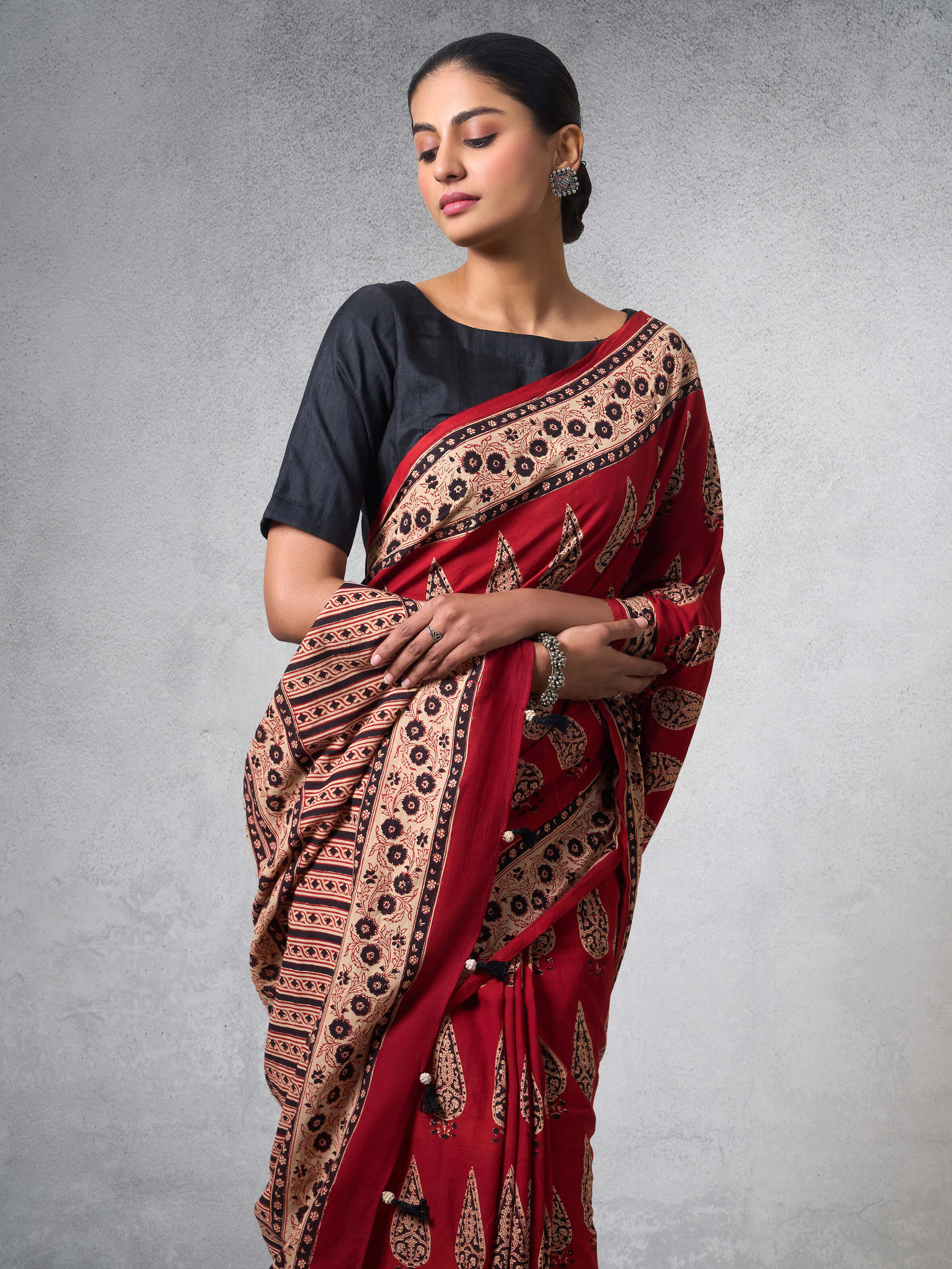 Red Dyed Cotton Bagru Block Printed Saree