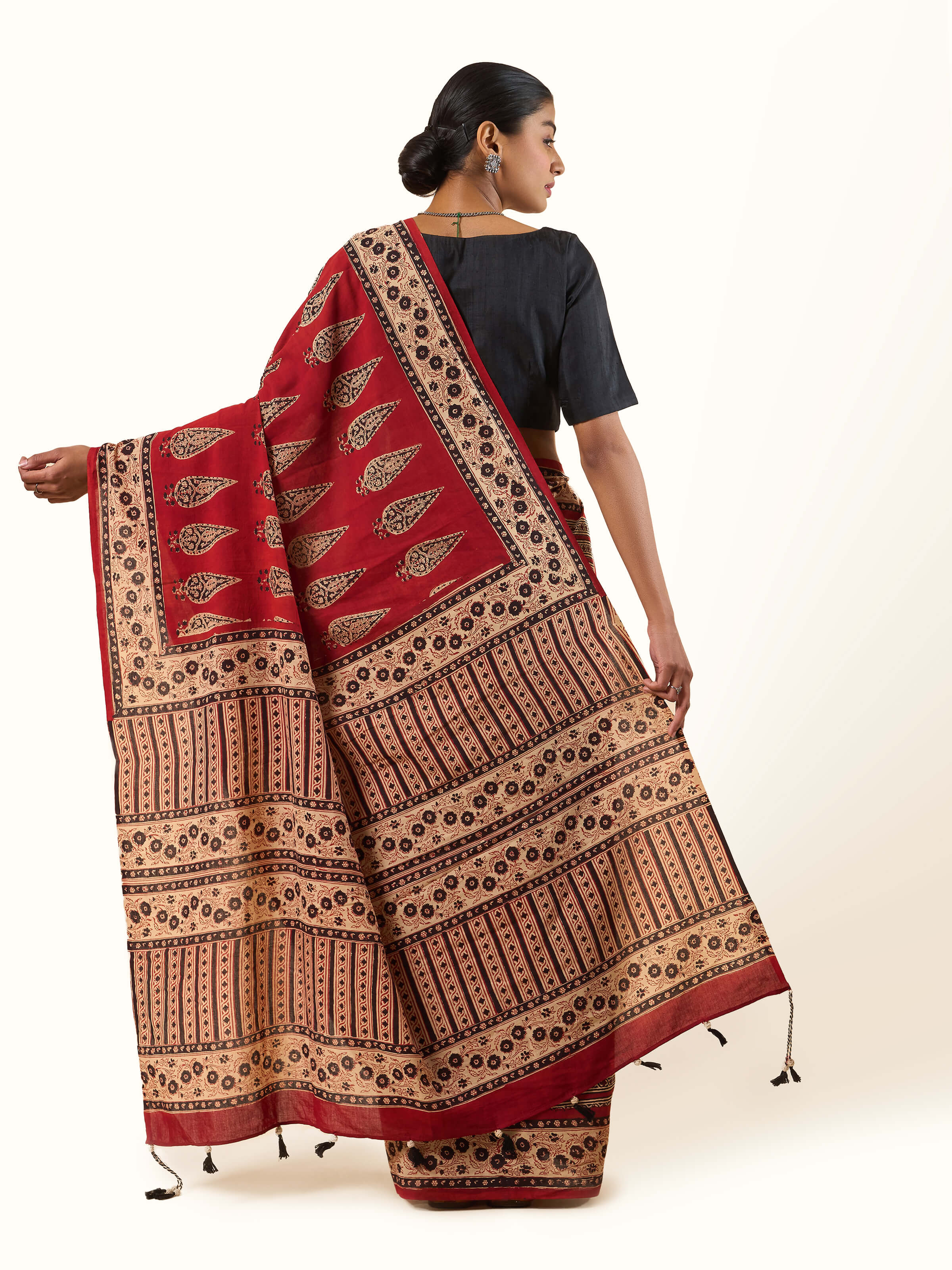 Red Dyed Cotton Bagru Block Printed Saree