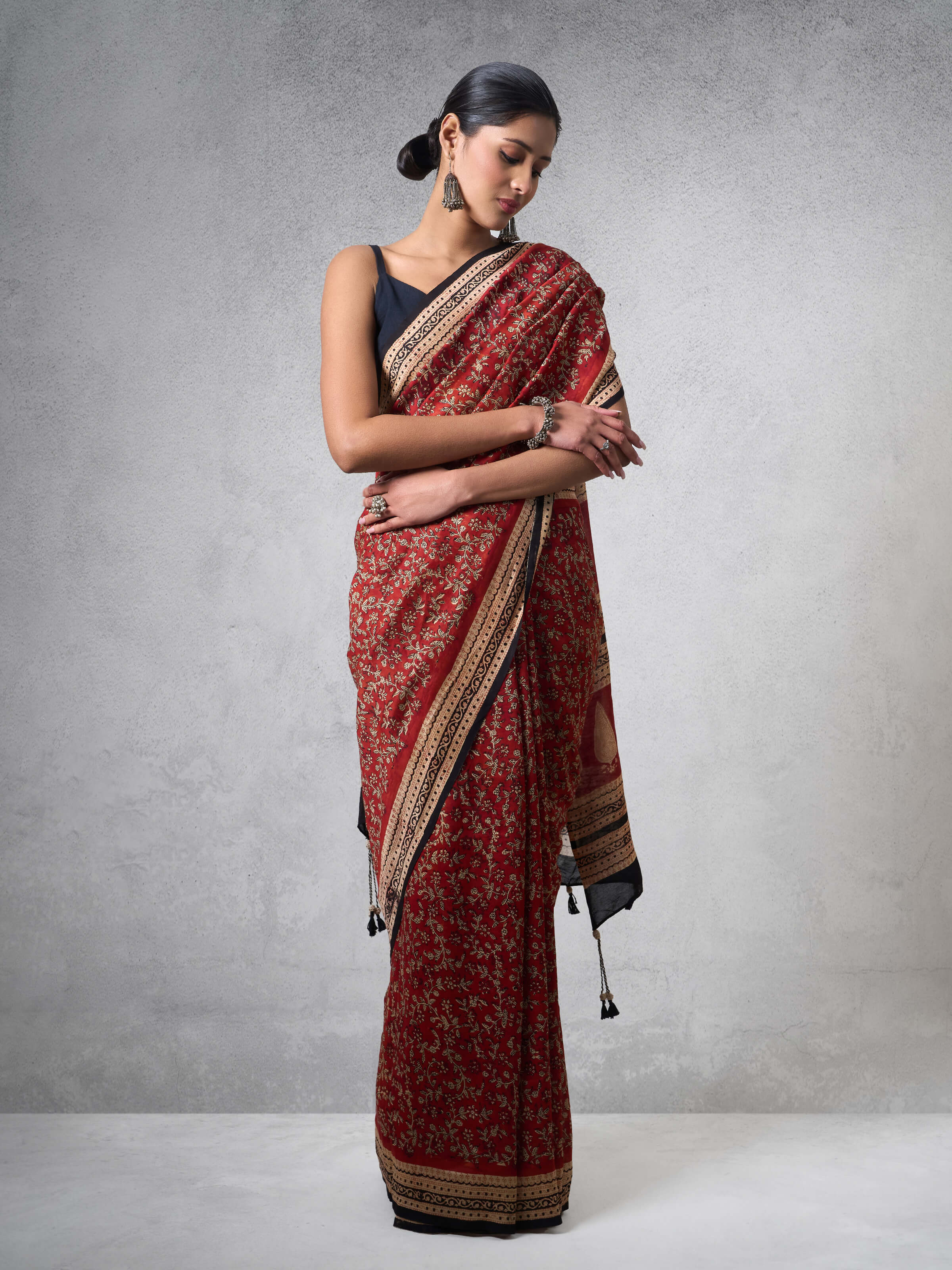 Black Dyed Cotton Silk Bagru Block Printed Saree