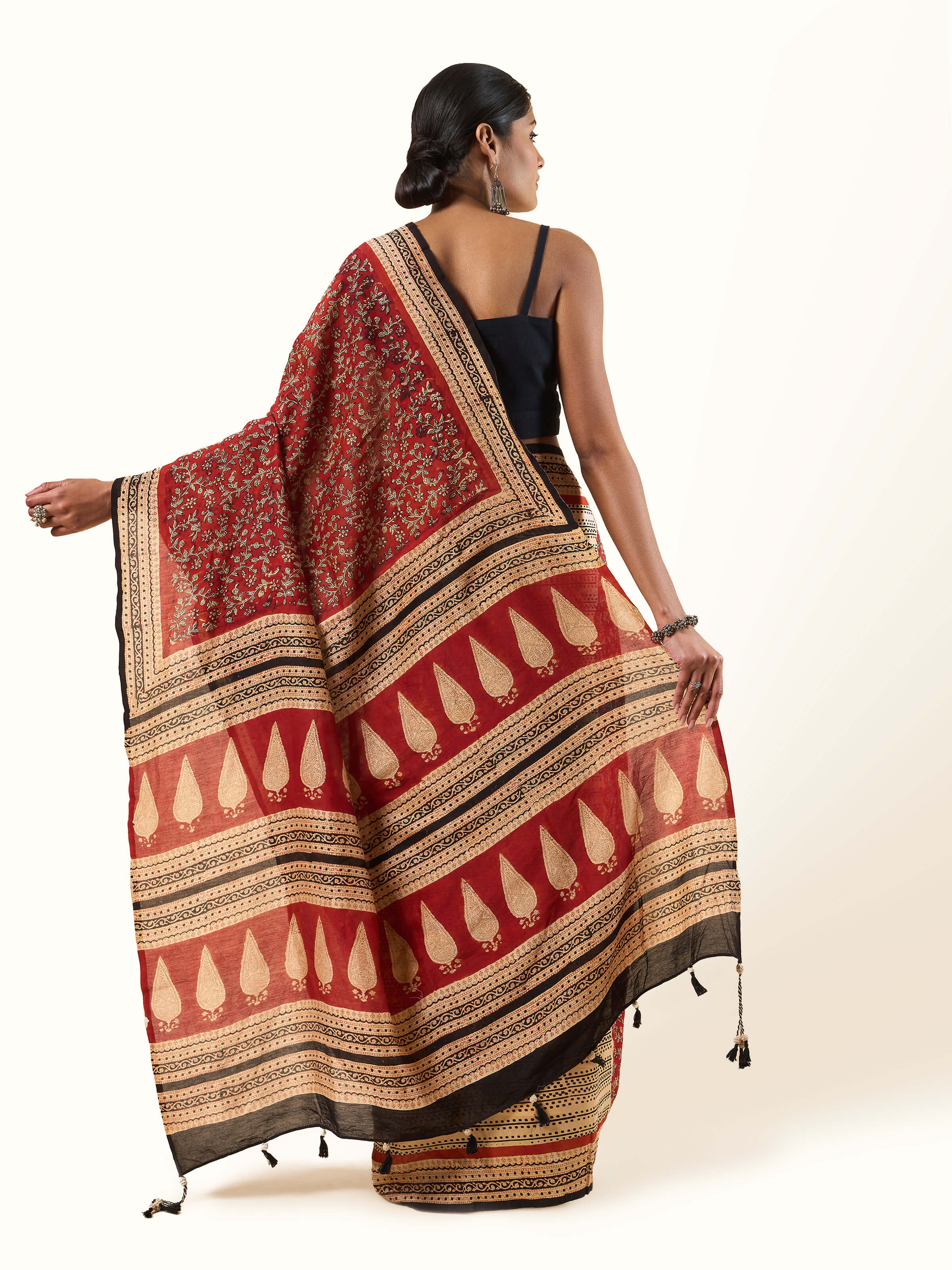 Black Dyed Cotton Silk Bagru Block Printed Saree