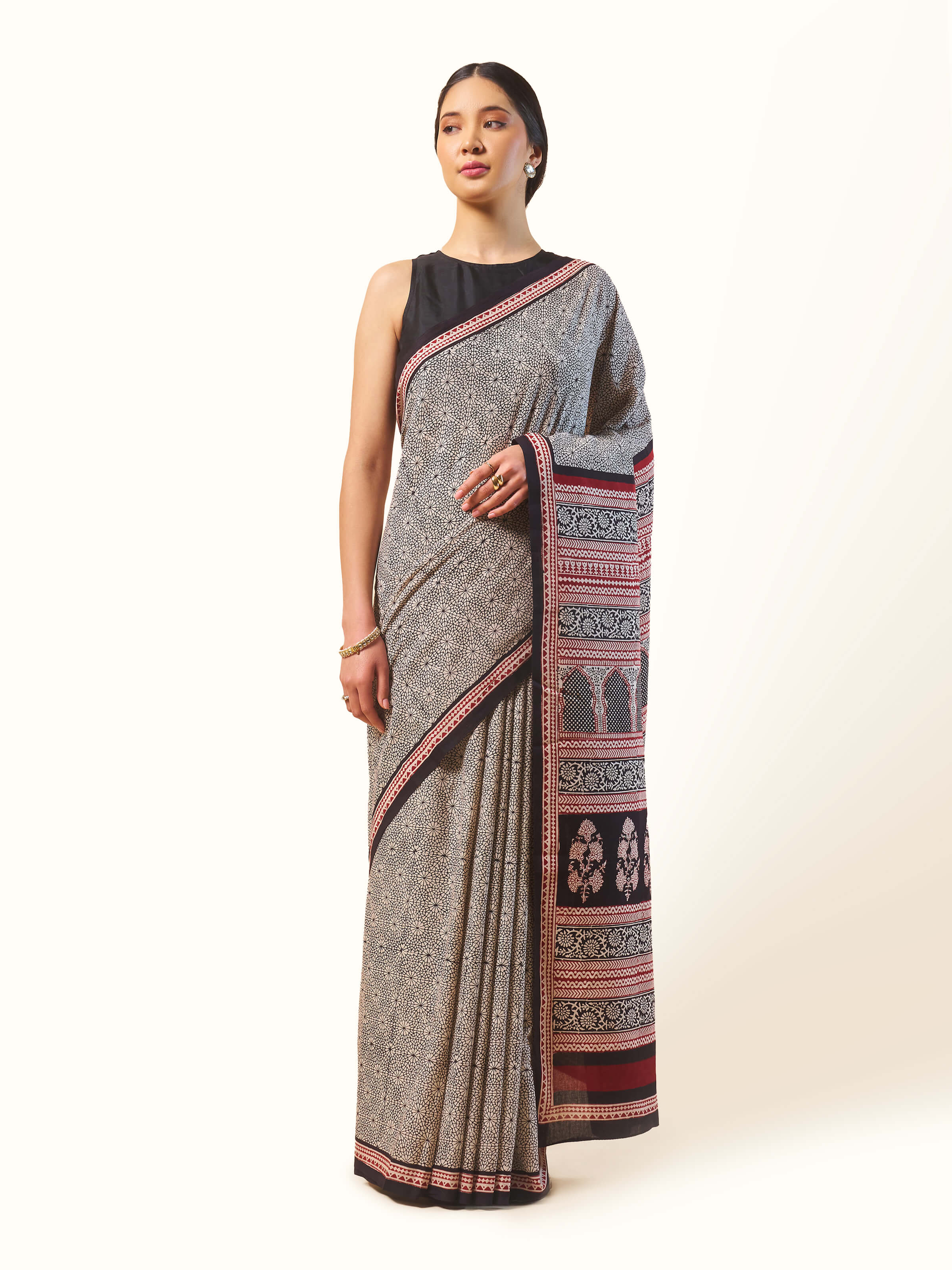 Black & White Chanderi Cotton Silk Bagh Block Printed Saree