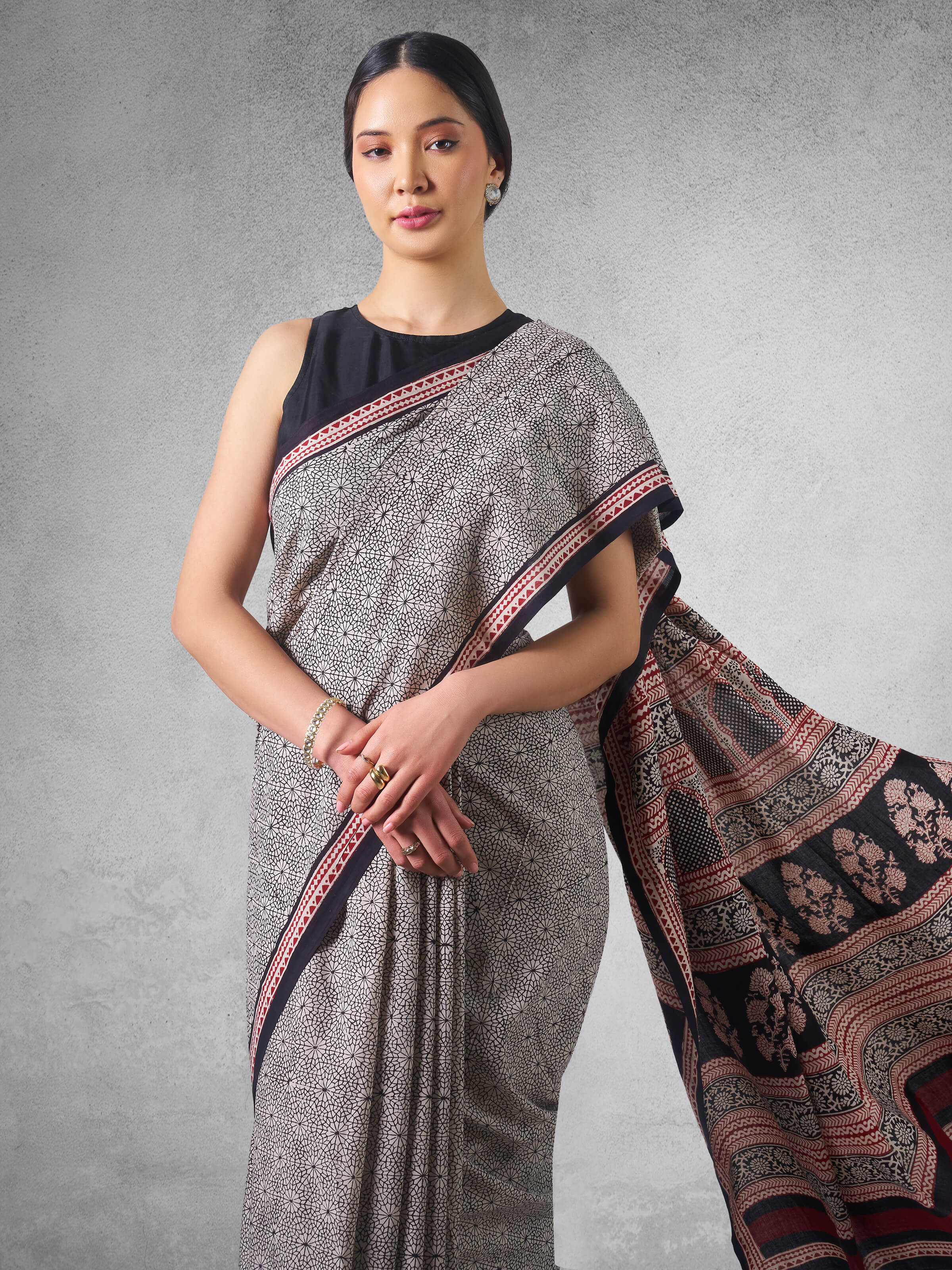 Black & White Chanderi Cotton Silk Bagh Block Printed Saree