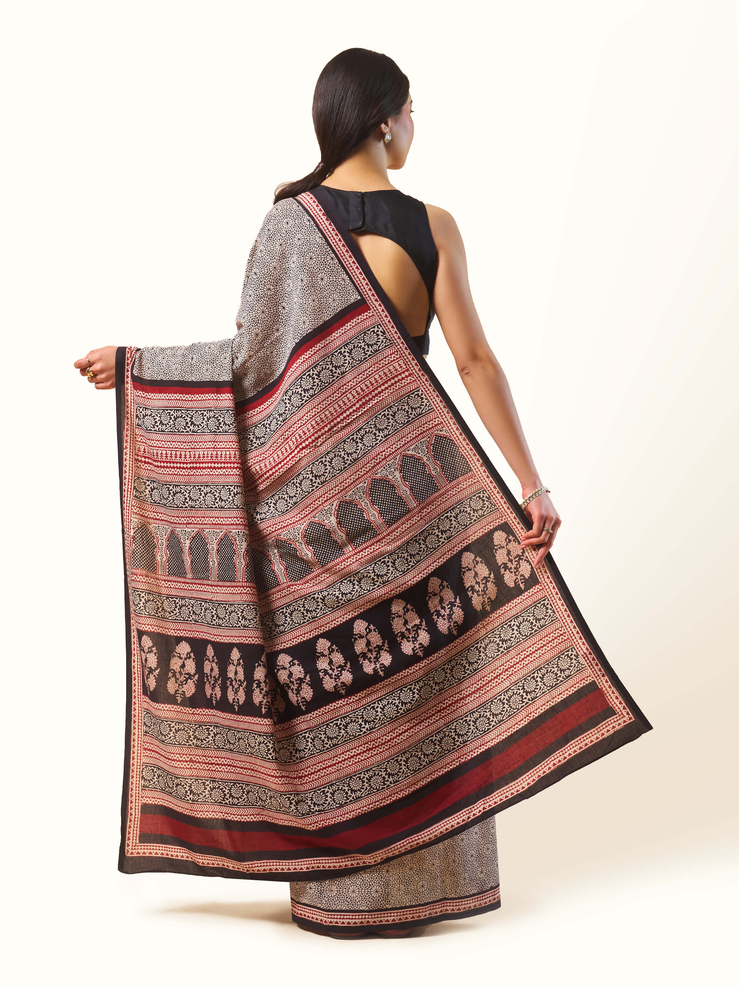 Black & White Chanderi Cotton Silk Bagh Block Printed Saree