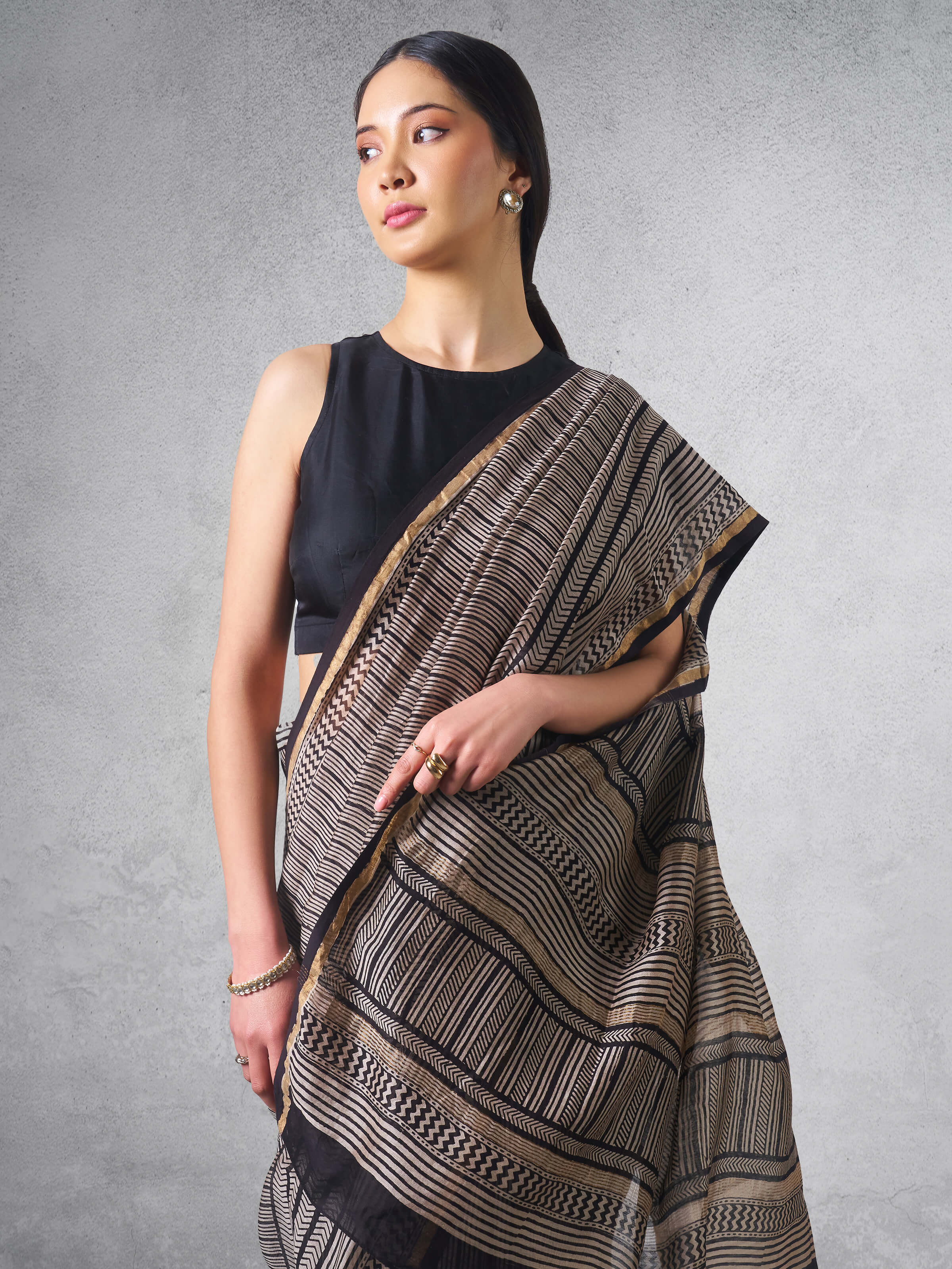 Black Chanderi Cotton Silk Bagh Block Printed Saree
