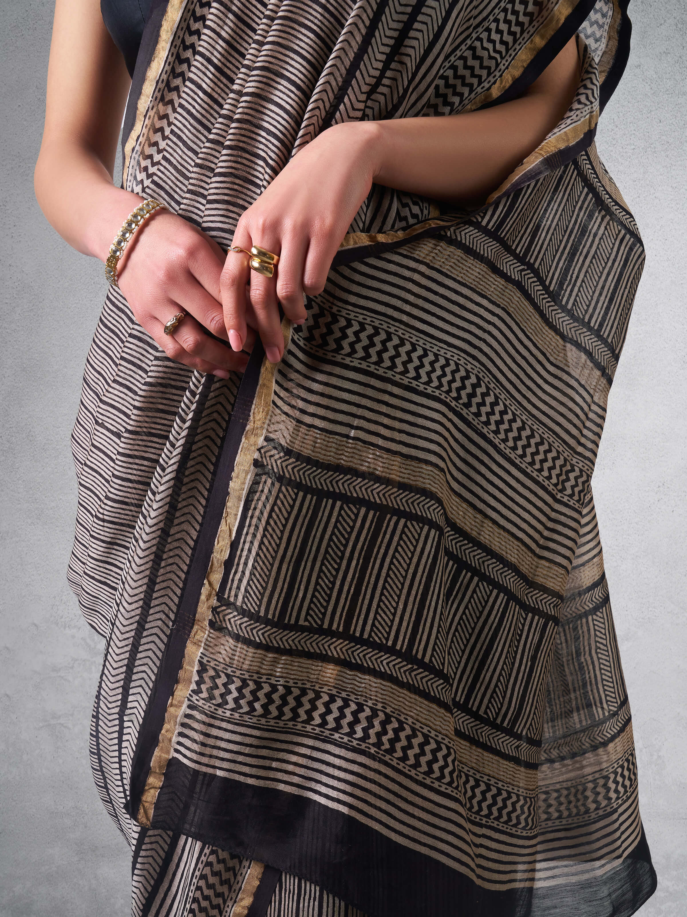 Black Chanderi Cotton Silk Bagh Block Printed Saree