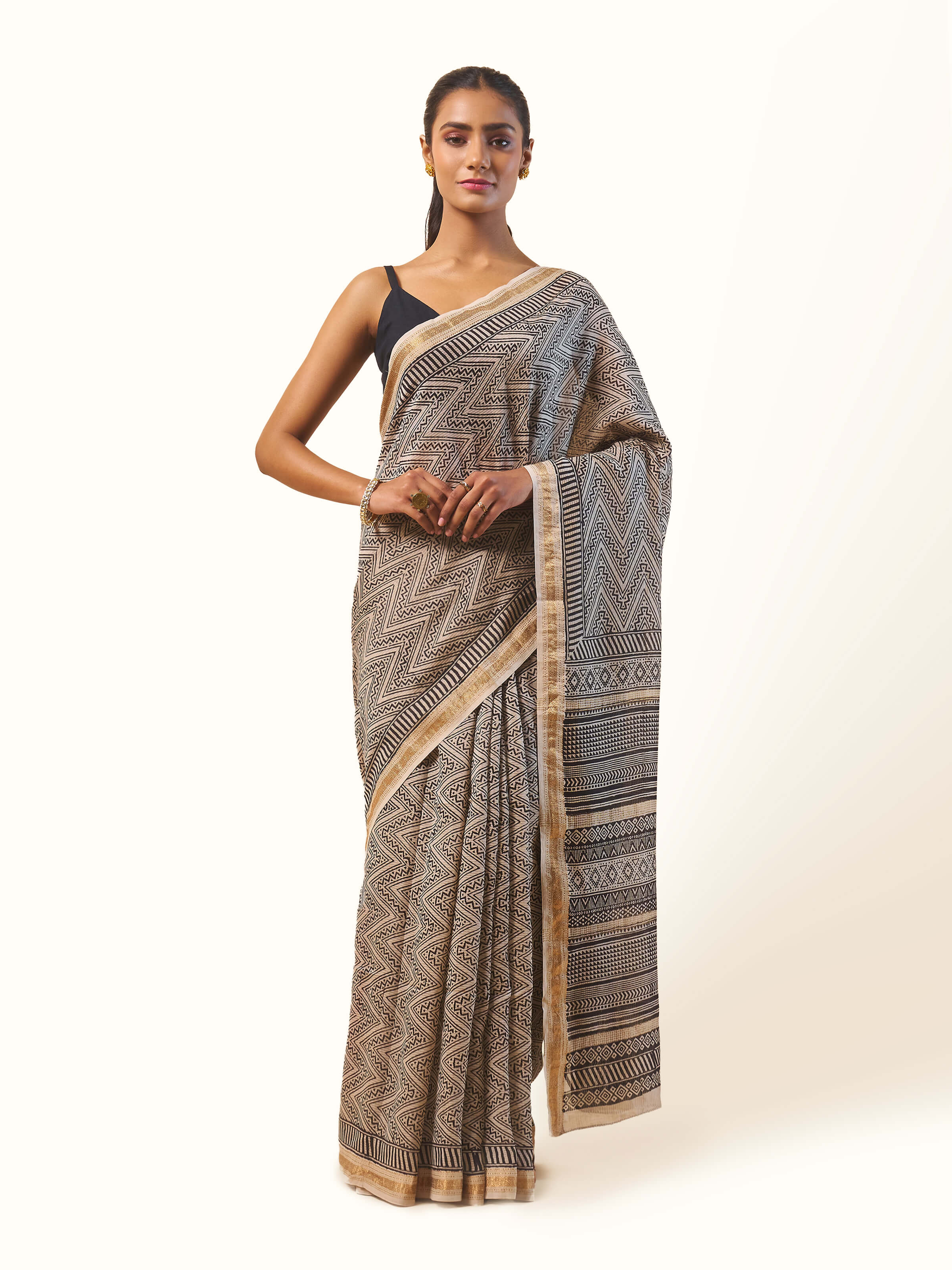 Black & Gold Chanderi Cotton Silk Bagh Block Printed Saree