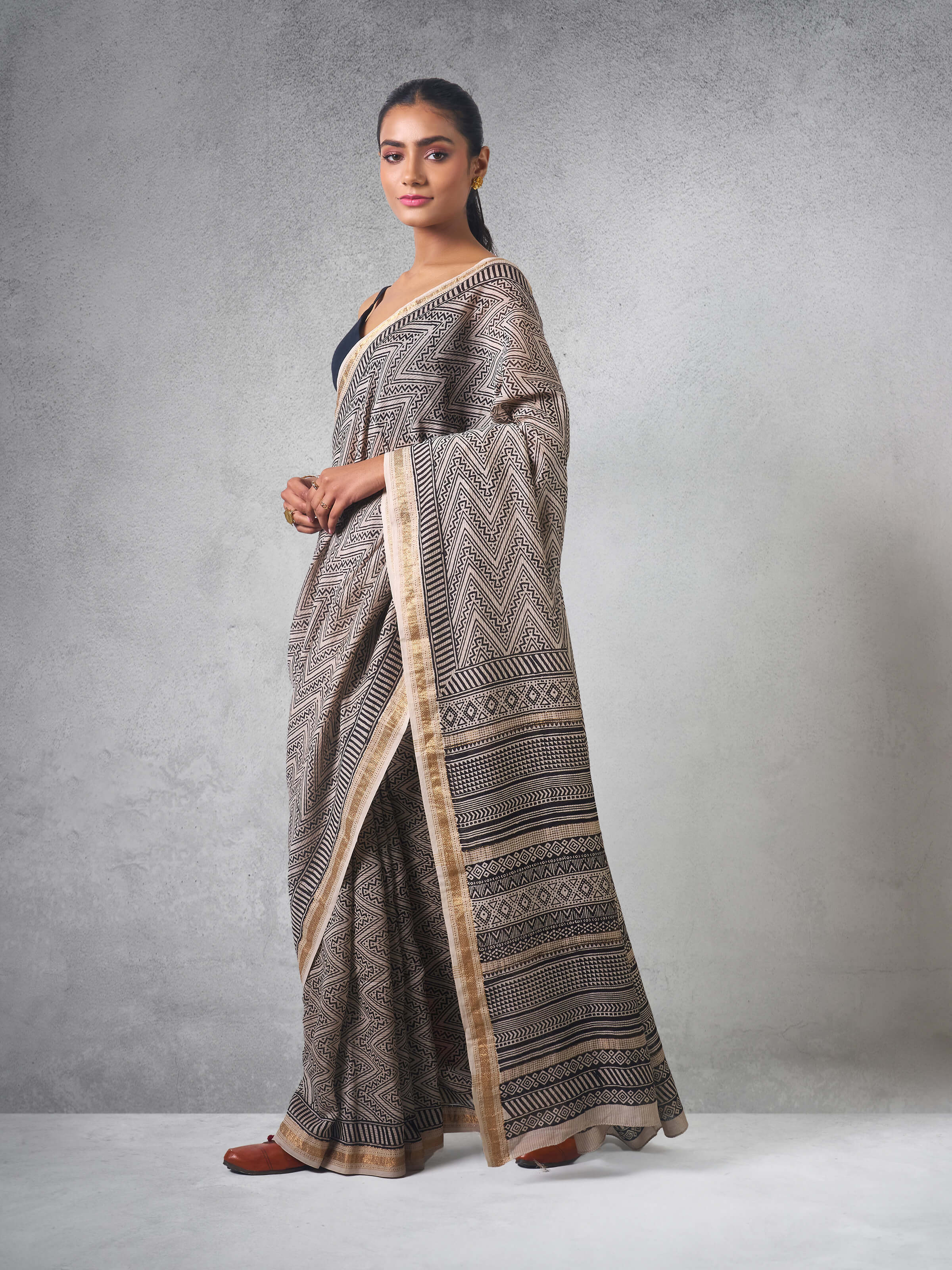 Black & Gold Chanderi Cotton Silk Bagh Block Printed Saree