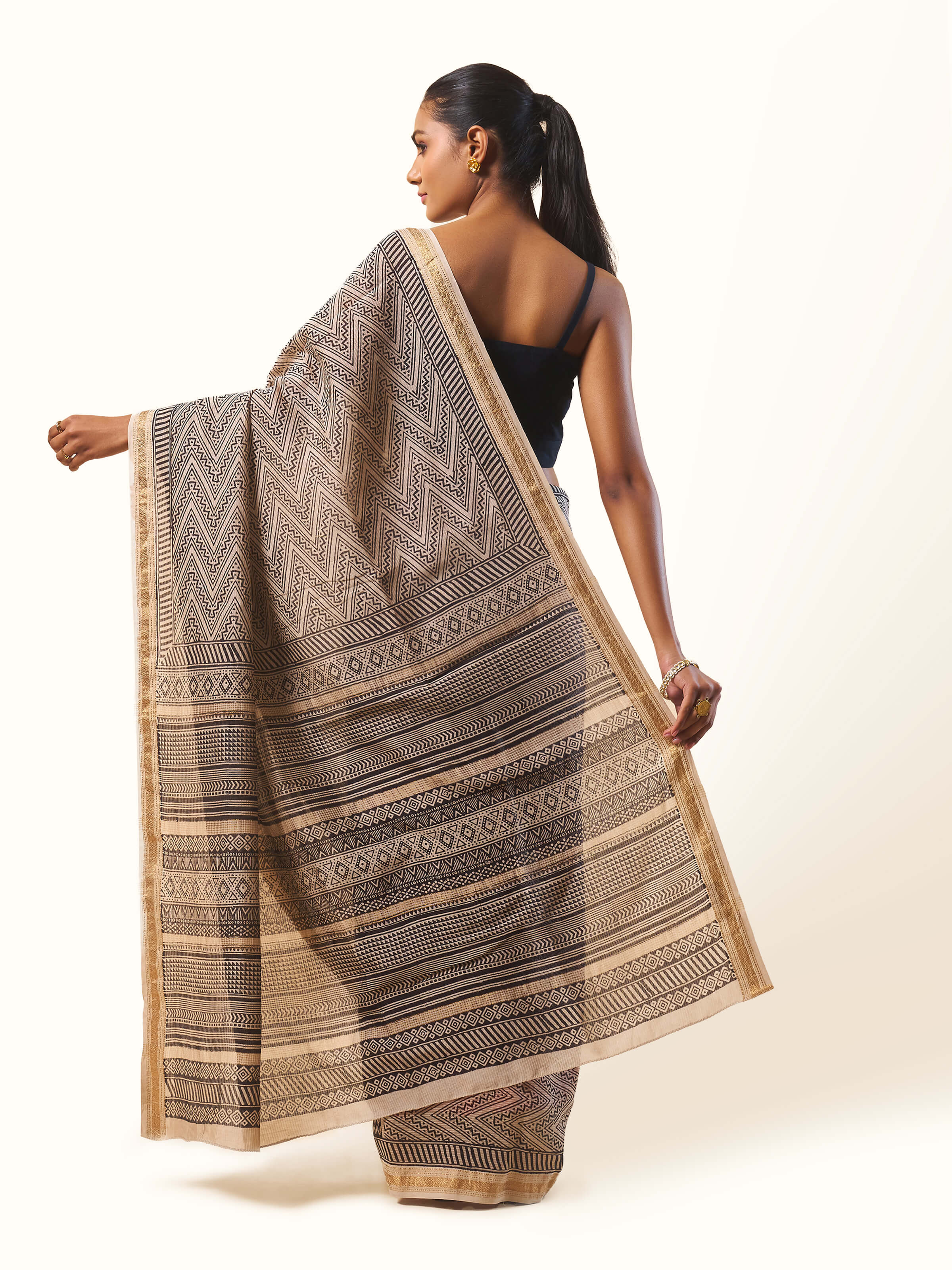 Black & Gold Chanderi Cotton Silk Bagh Block Printed Saree