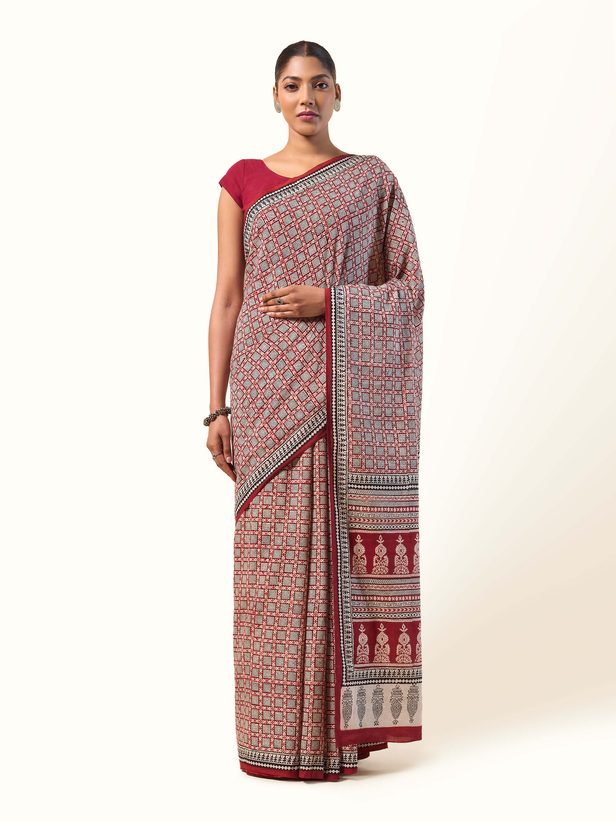 Red Cotton Bagh Block Printed Saree