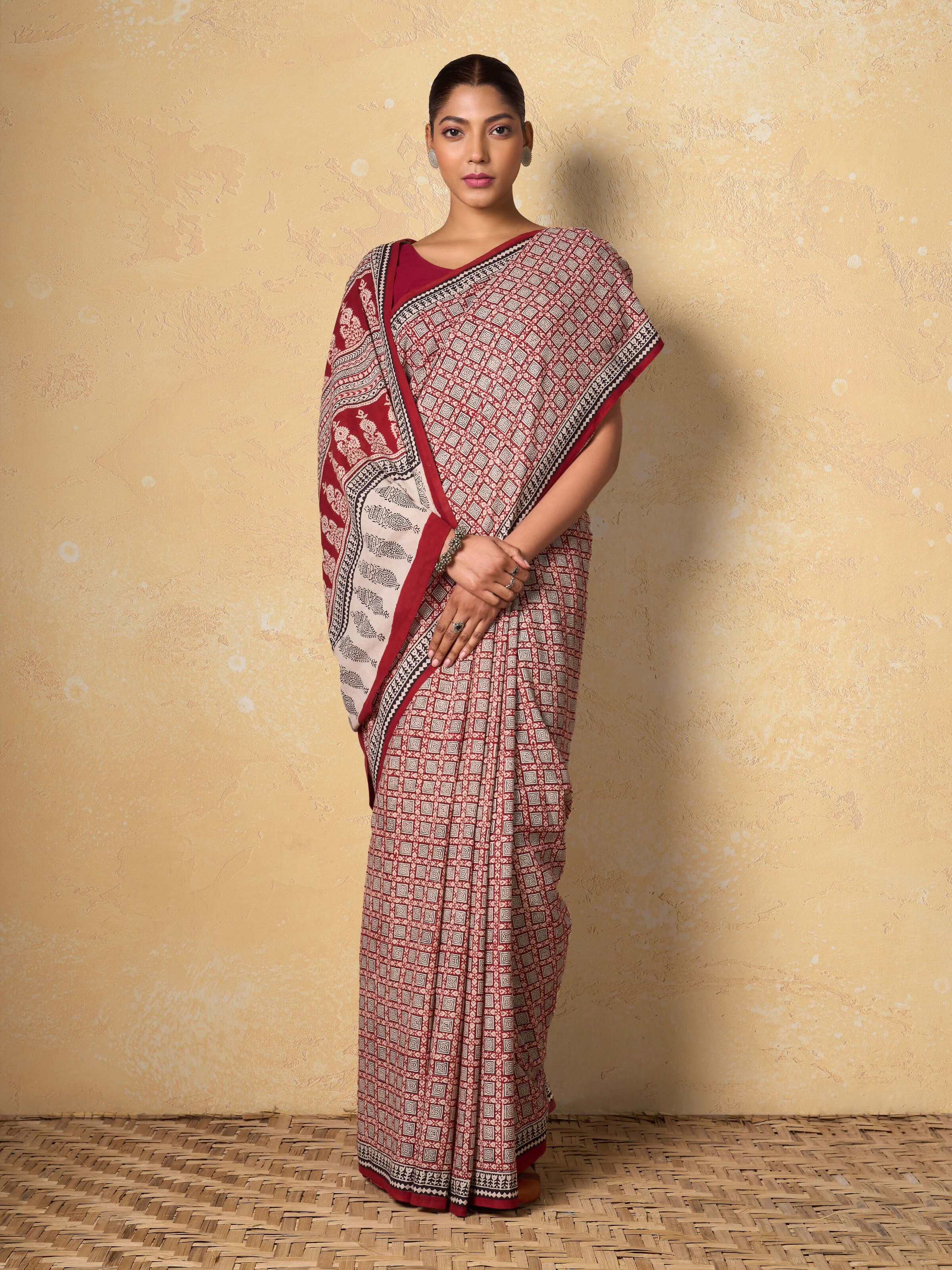 Red Cotton Bagh Block Printed Saree