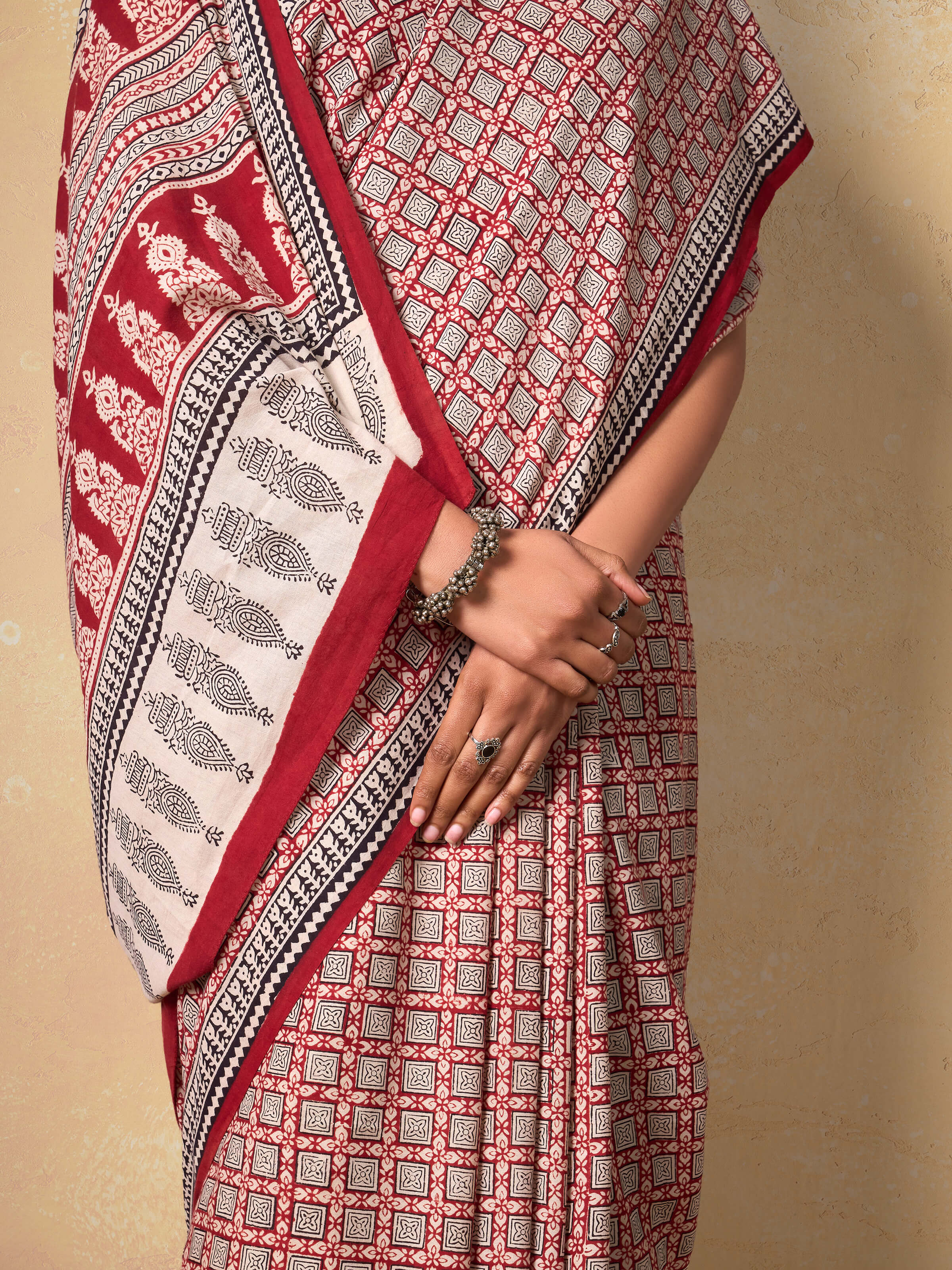 Red Cotton Bagh Block Printed Saree