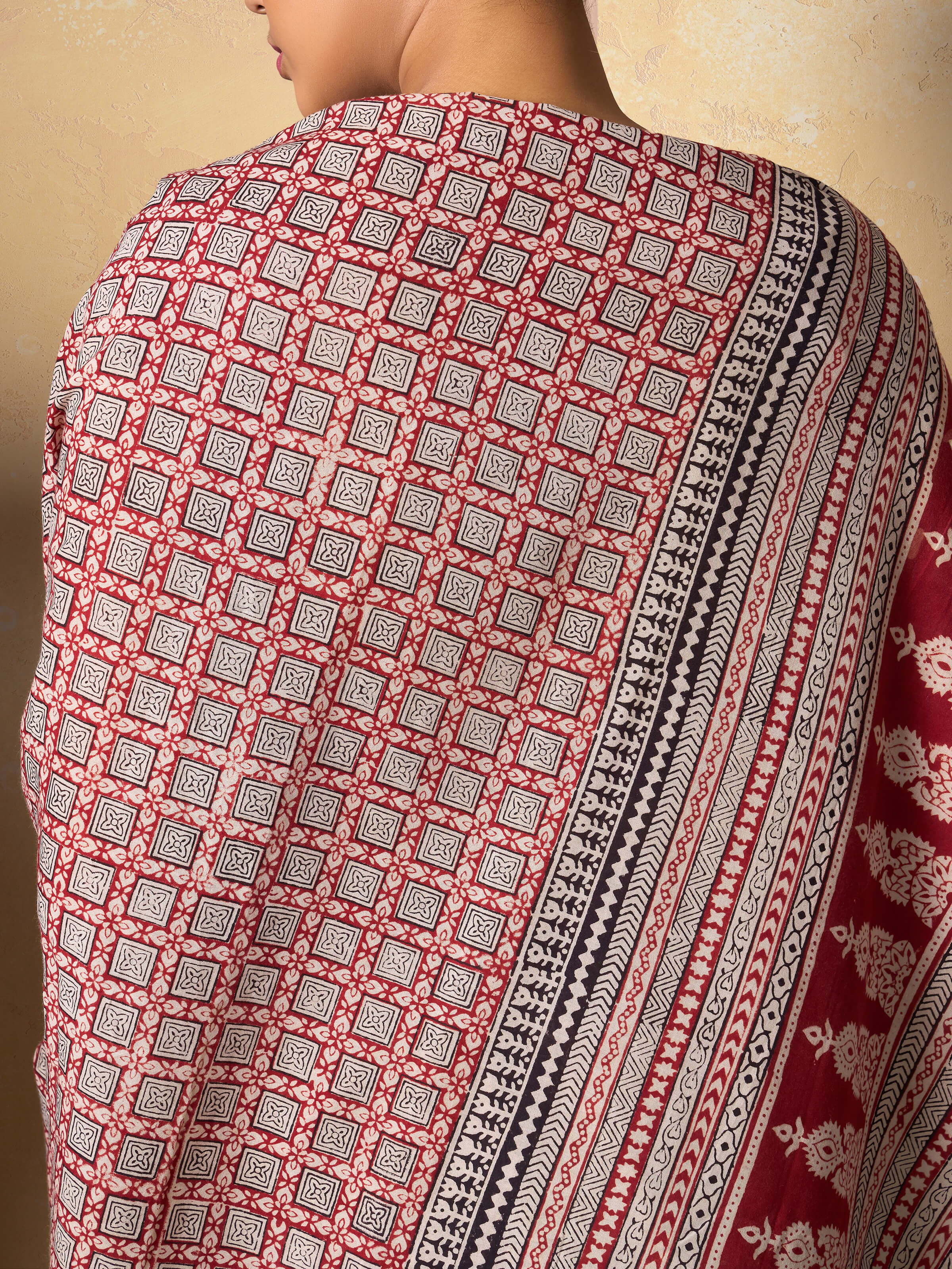 Red Cotton Bagh Block Printed Saree