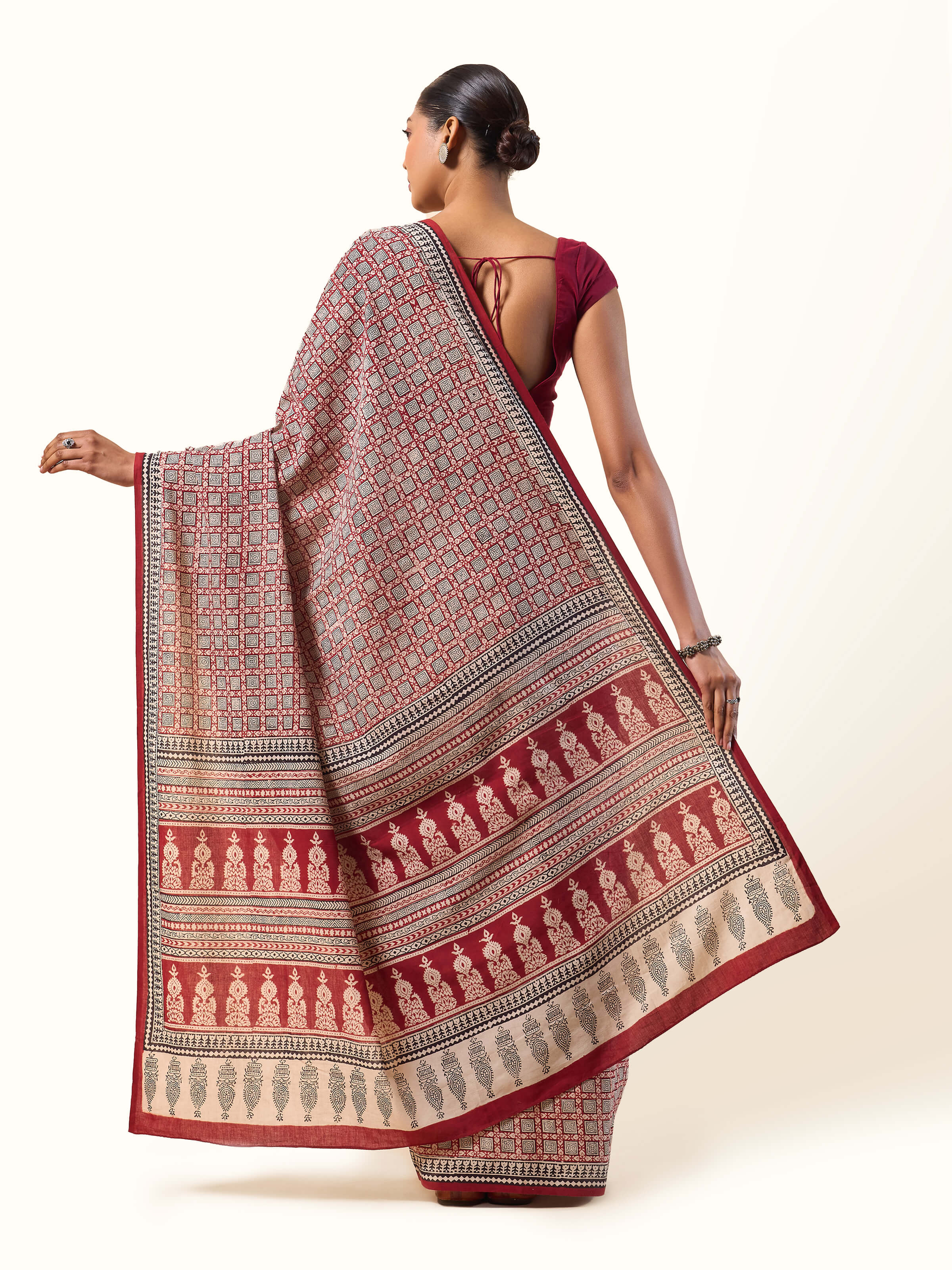 Red Cotton Bagh Block Printed Saree